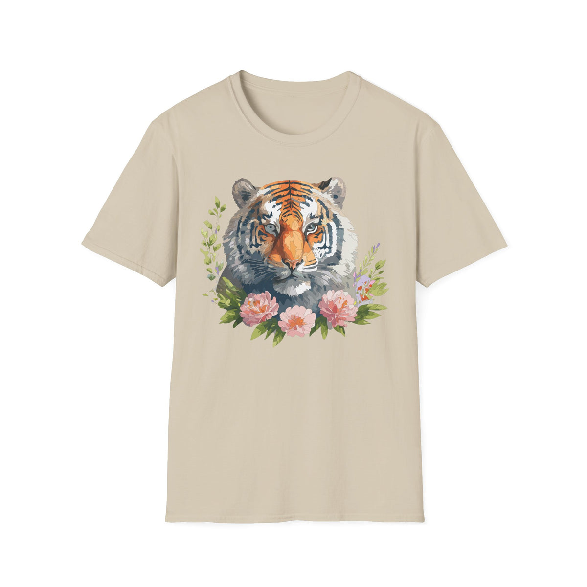 Watercolor Tiger Head T-Shirt | Floral Accents, Botanical Illustration