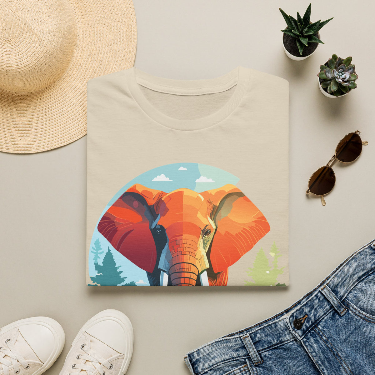 Colorful Elephant Illustration T-Shirt | Vibrant Wildlife Circle Art