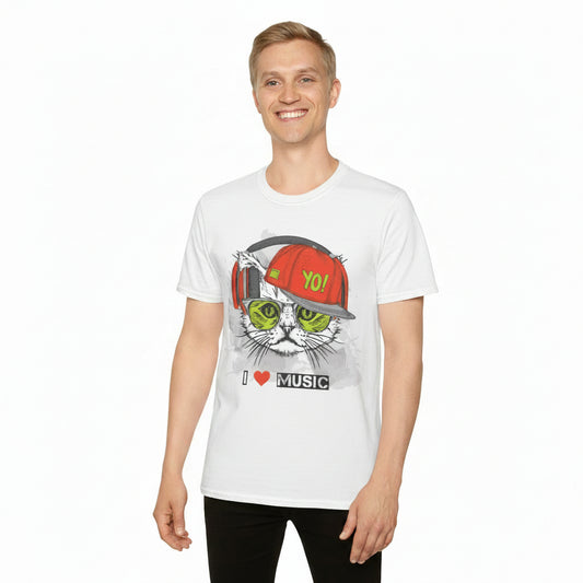 Cat DJ T-Shirt Unisex Cotton Short Sleeves I Love Music Graphic Tee