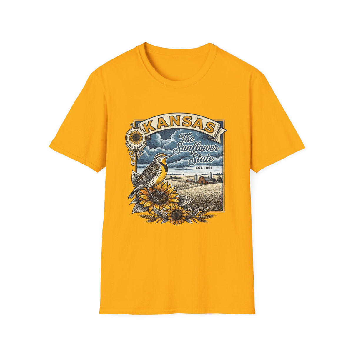 Kansas Sunflower State T-Shirt | Meadow Bird Vintage Travel Tourist Graphic Design Unisex 100 Cotton Gildan T-Shirt