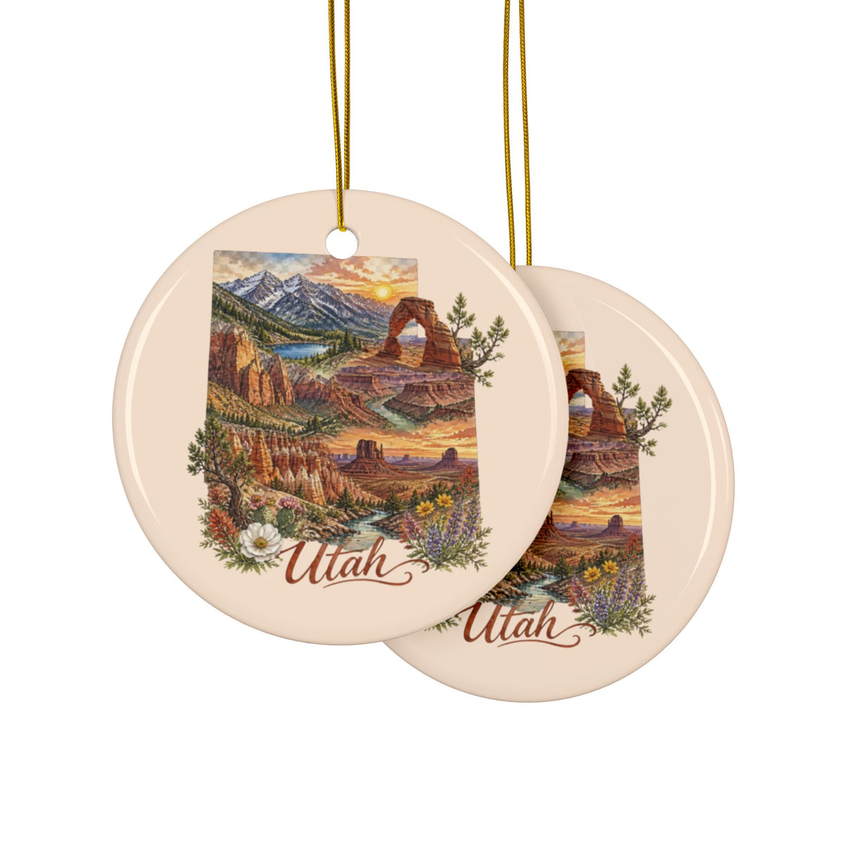 Utah Landscape Ornament | Ceramic Round Ornament, Two-Sided Print - 2.99" Includes Gold String