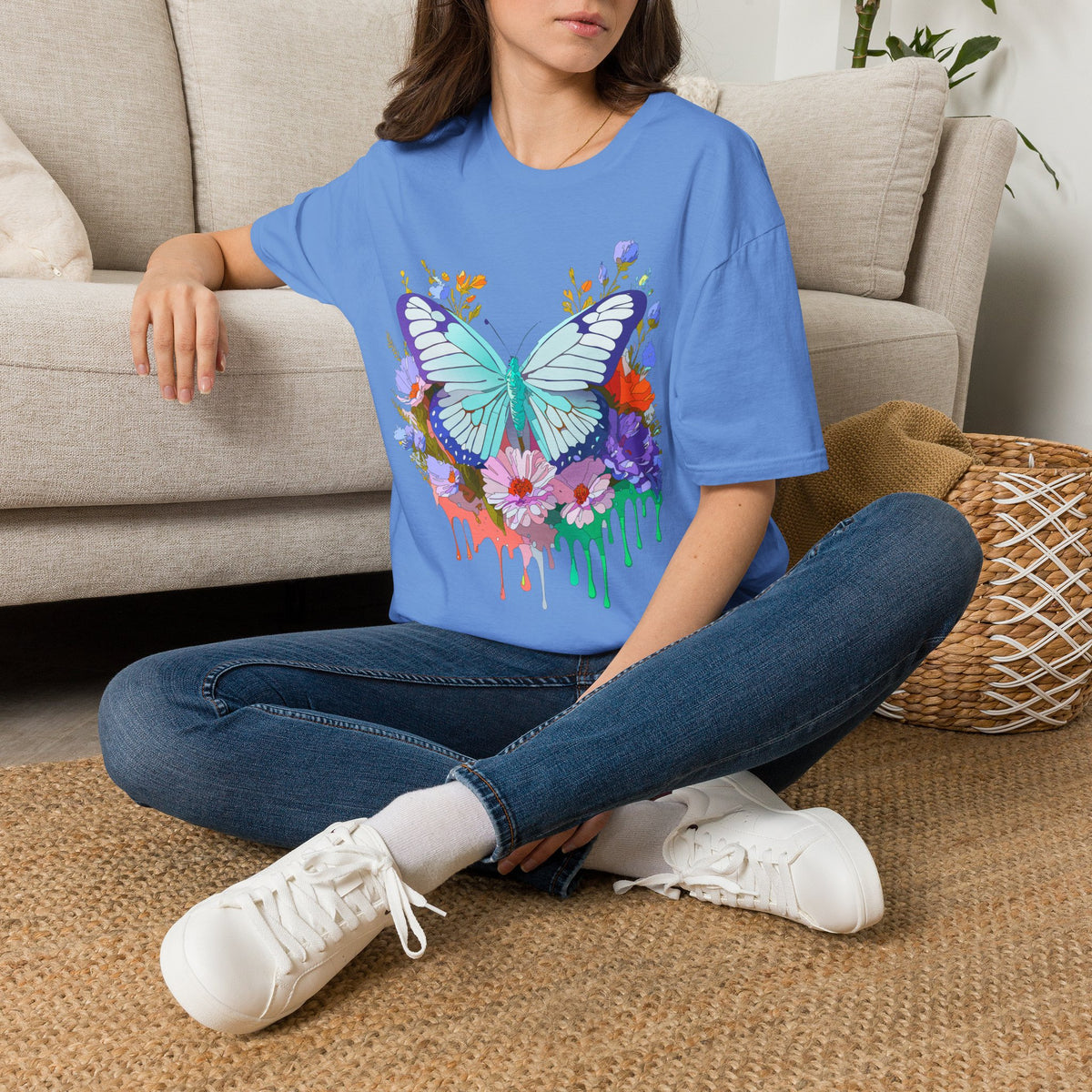Butterfly Floral Drip T-Shirt — Teal Butterfly with Watercolor Flowers Graphic Tee Unisex 100 Cotton Gildan T-Shirt
