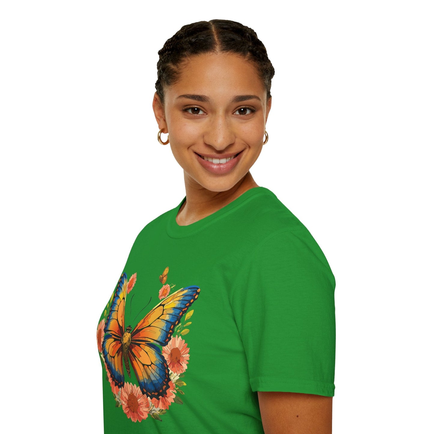 Butterfly T Shirt Unisex Softstyle Gildan 64000 Monarch Print 100 Percent Ring Spun Cotton