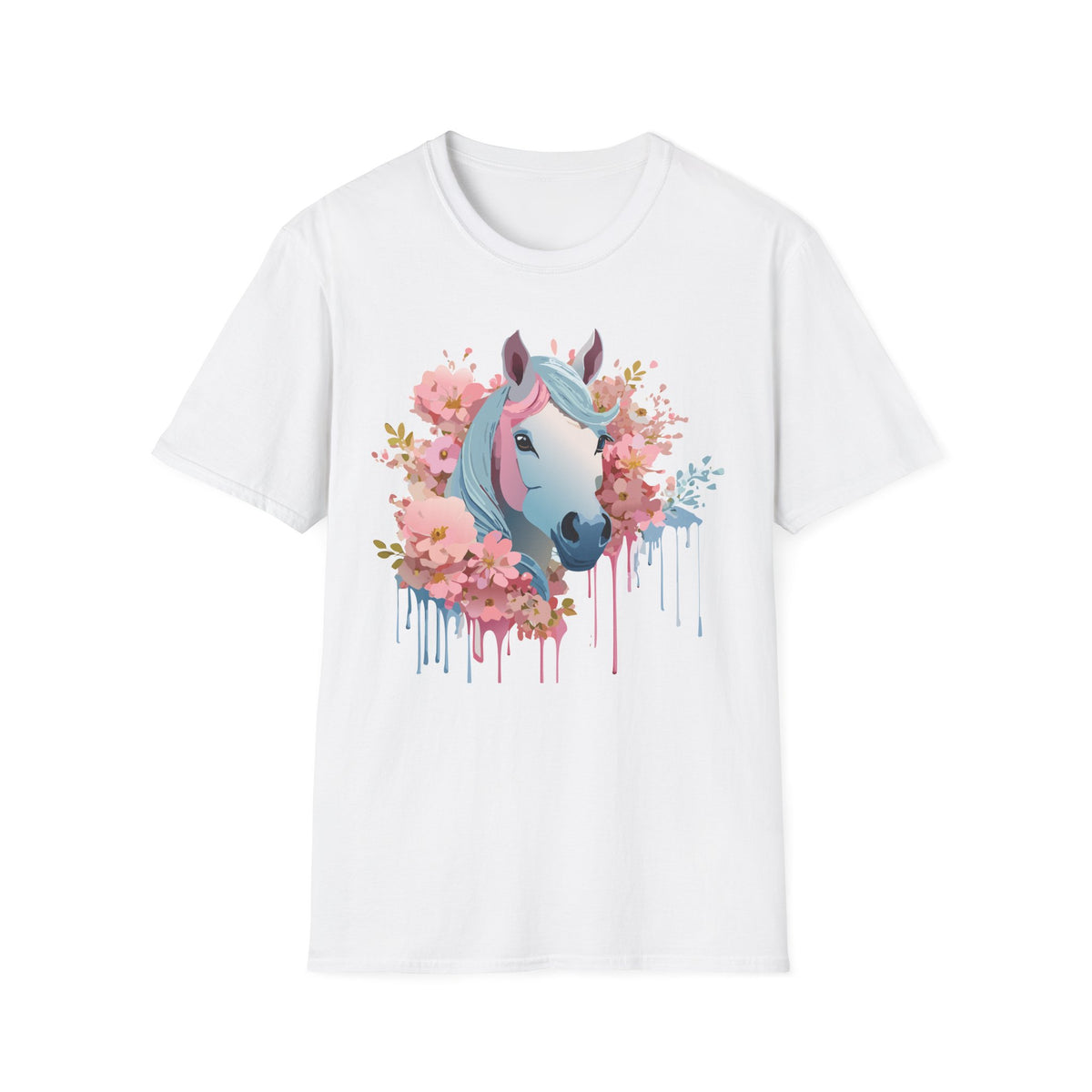 Pastel Floral Unicorn T-Shirt | Horse Portrait, Pink Blue Mane