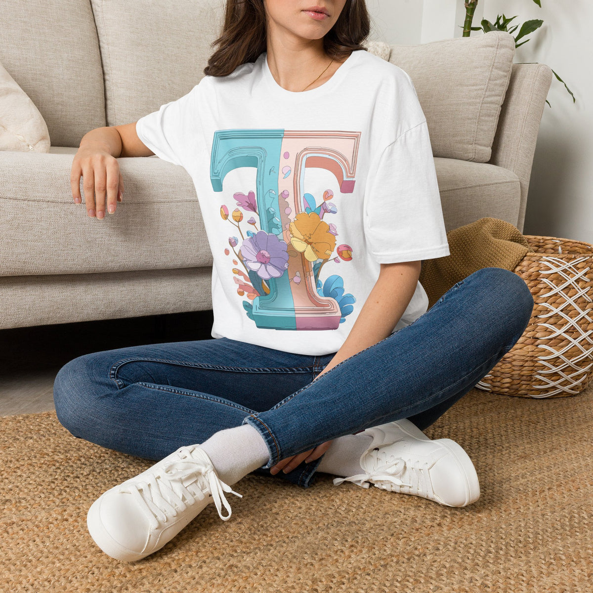 Floral Split Letter T-Shirt T Pastel Floral Initial Tee
