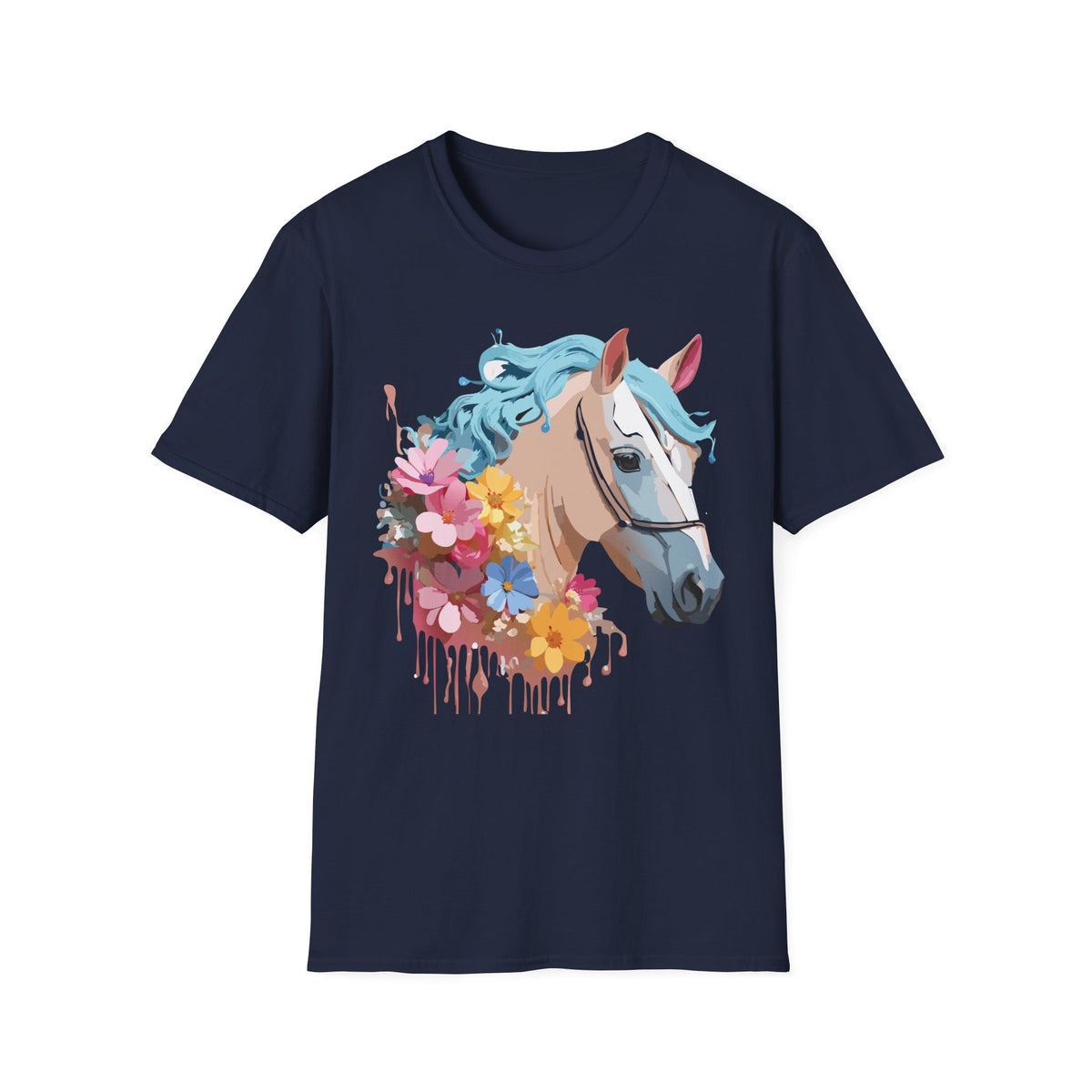 Floral Horse Illustration T-Shirt | Pastel Blue Mane, Watercolor Flowers