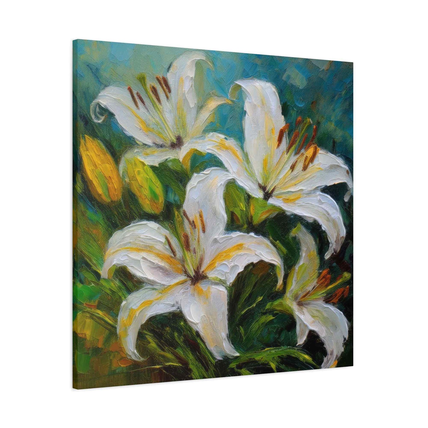 White Lilies Print Canvas, Floral Oil Paint Print 20x20, 24x24, 30x30, 32x32, 36x36 Art Design Pine-Wood Inner Frame MC-153