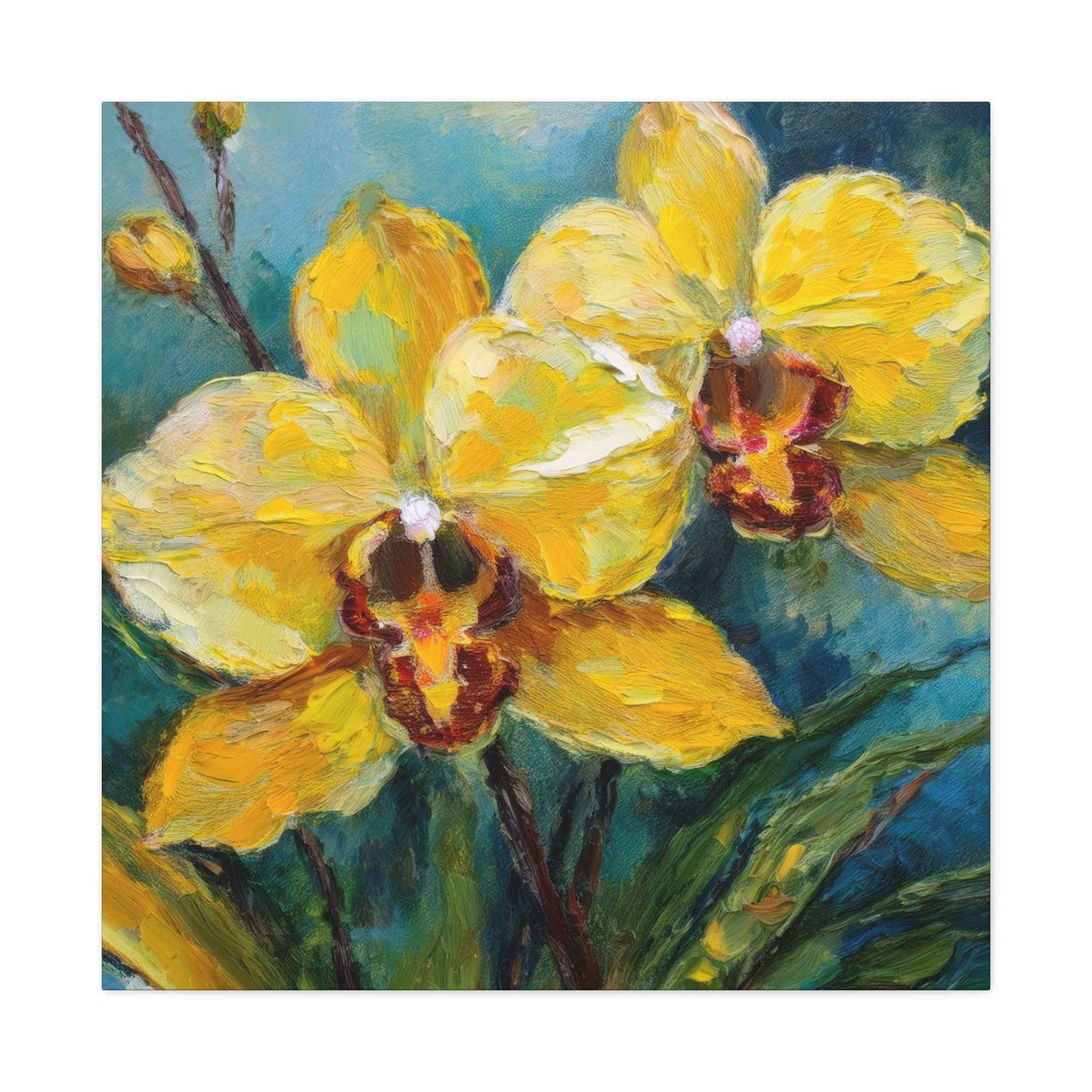 Yellow Orchids Print Canvas, Floral Oil Paint Print 20x20, 24x24, 30x30, 32x32, 36x36 Art Design Pine-Wood Inner Frame MC-139