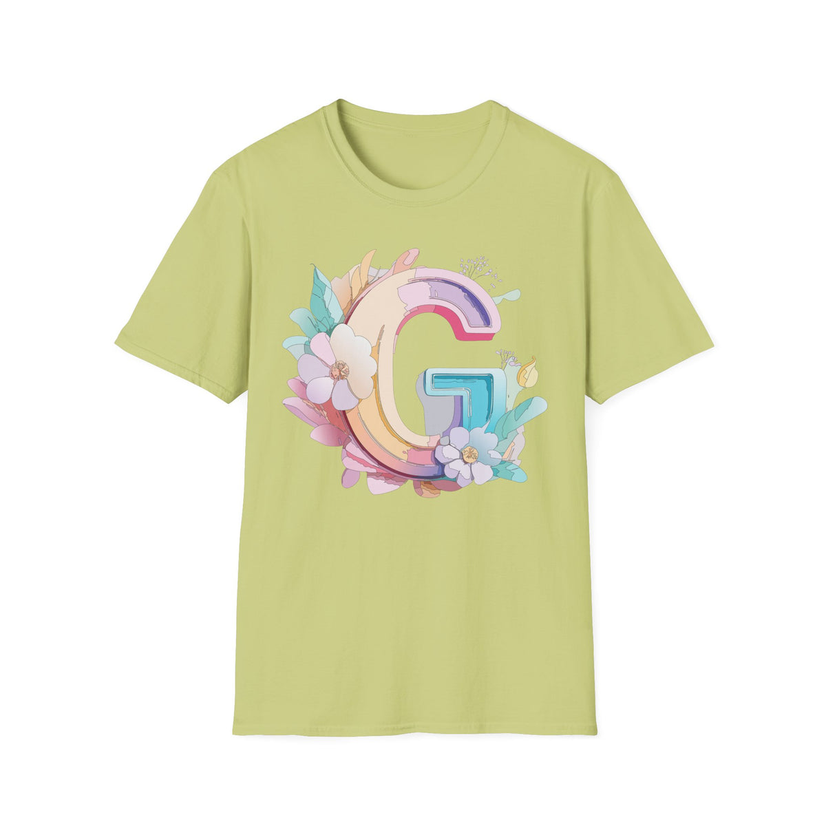 Floral Letter G T-Shirt | Monogram Initial Tee, Pastel Rainbow Blooms