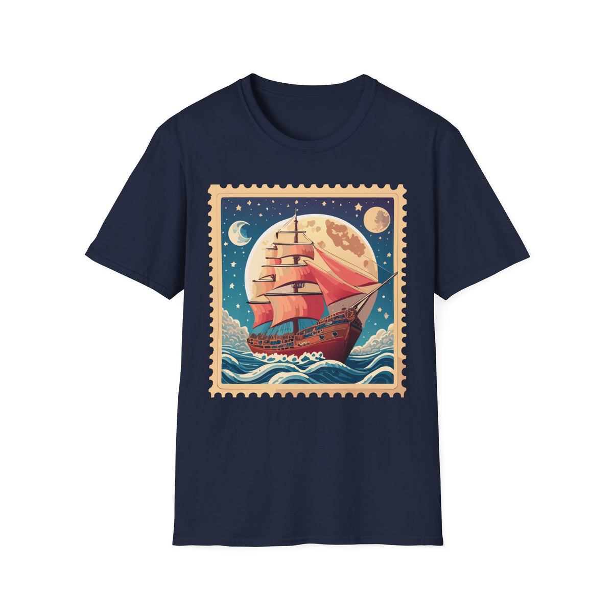 Vintage Sailing Ship Stamp T-Shirt | Moonlit Ocean Illustration