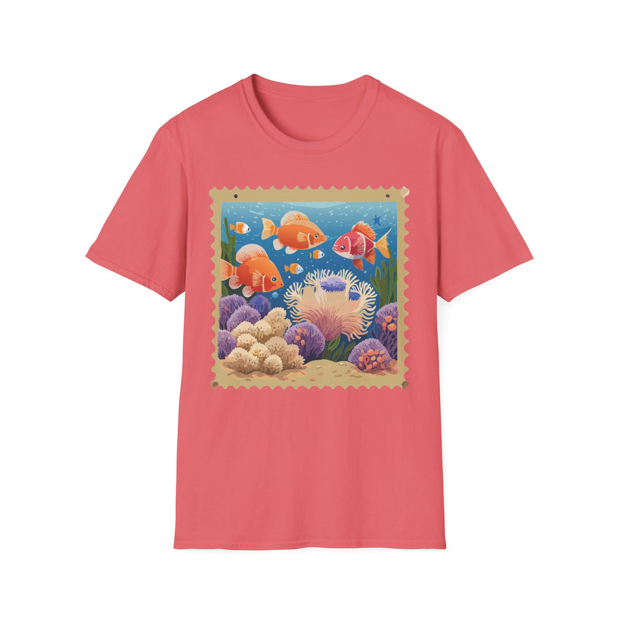 Goldfish Aquarium Illustration T-Shirt | Underwater Coral Reef Stamp Graphic Tee Unisex 100 Cotton Gildan T-Shirt