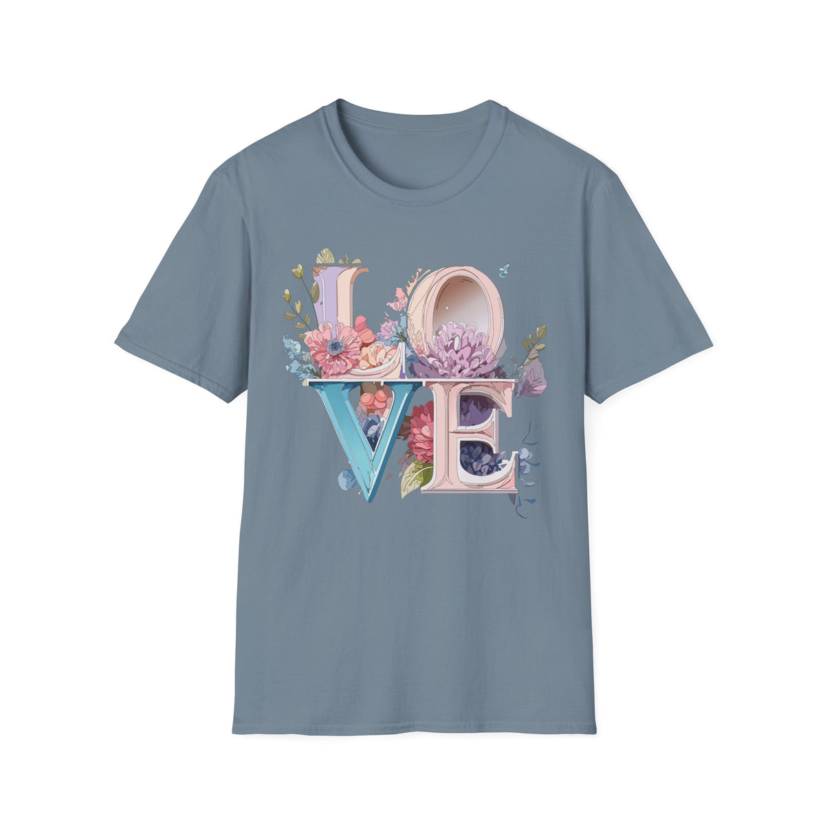 Floral LOVE Typography T-Shirt | Botanical Letter Art, Pastel Bloom Design