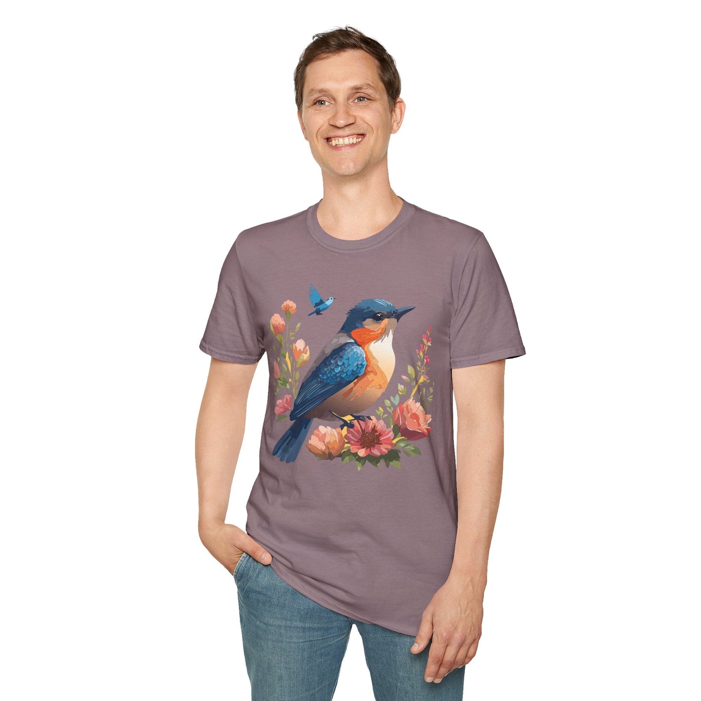 Unisex Floral Bird T Shirt Softstyle 64000 Gildan Ring Spun Cotton Tee Relaxed Fit
