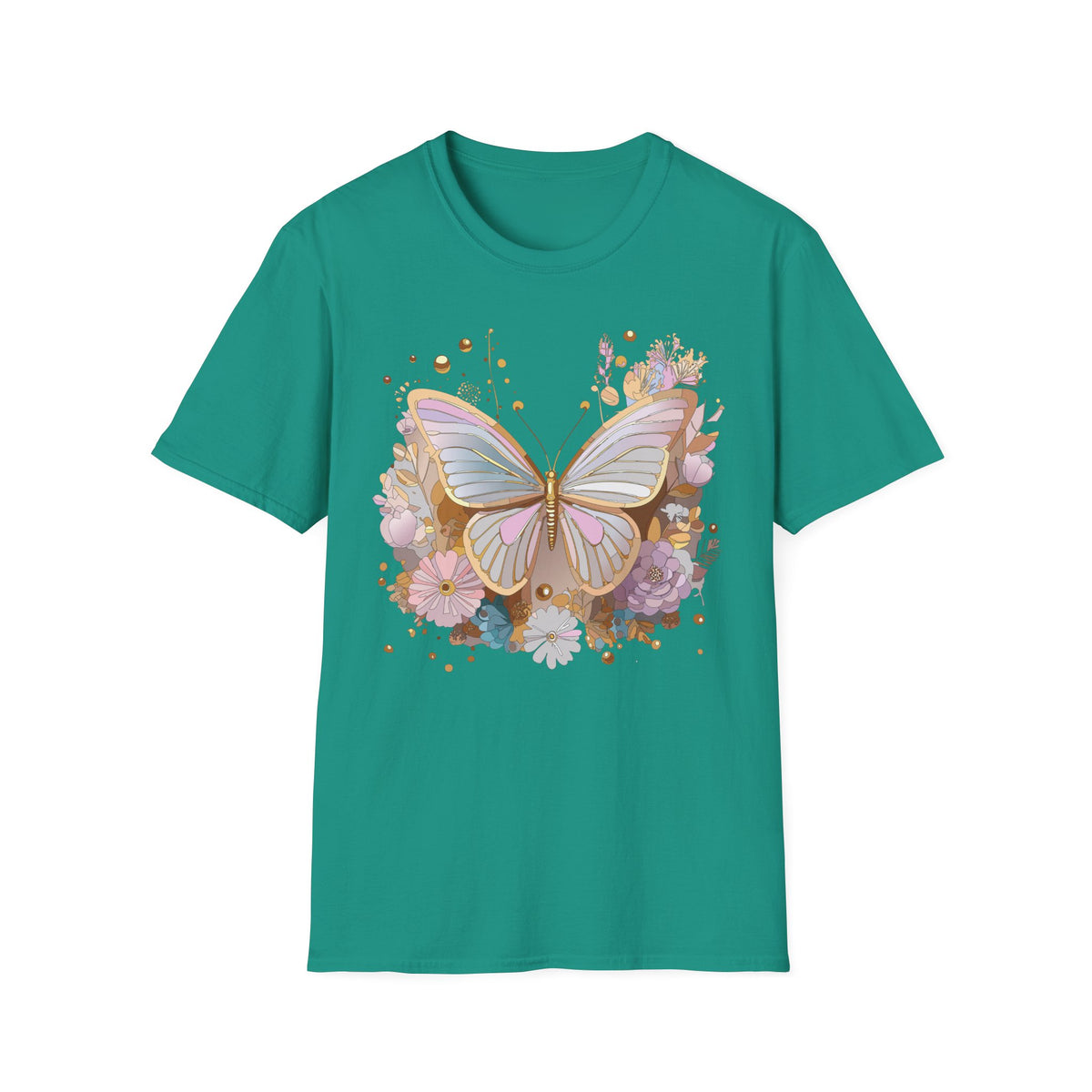 Pastel Butterfly Floral T-Shirt — Gold Accent Butterfly Graphic Design Unisex 100 Cotton Gildan T-Shirt