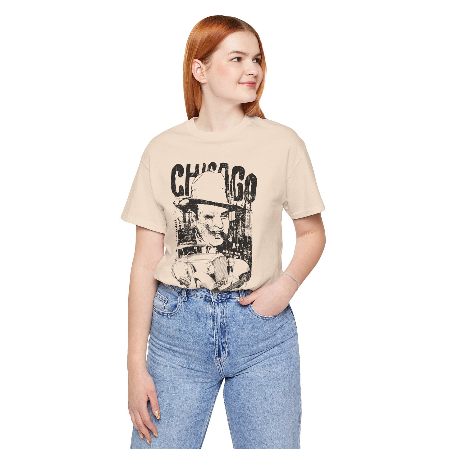 Chicago Retro Mobster Illustration Tee Vintage Car Cityscape Art Design T-Shirt A-8