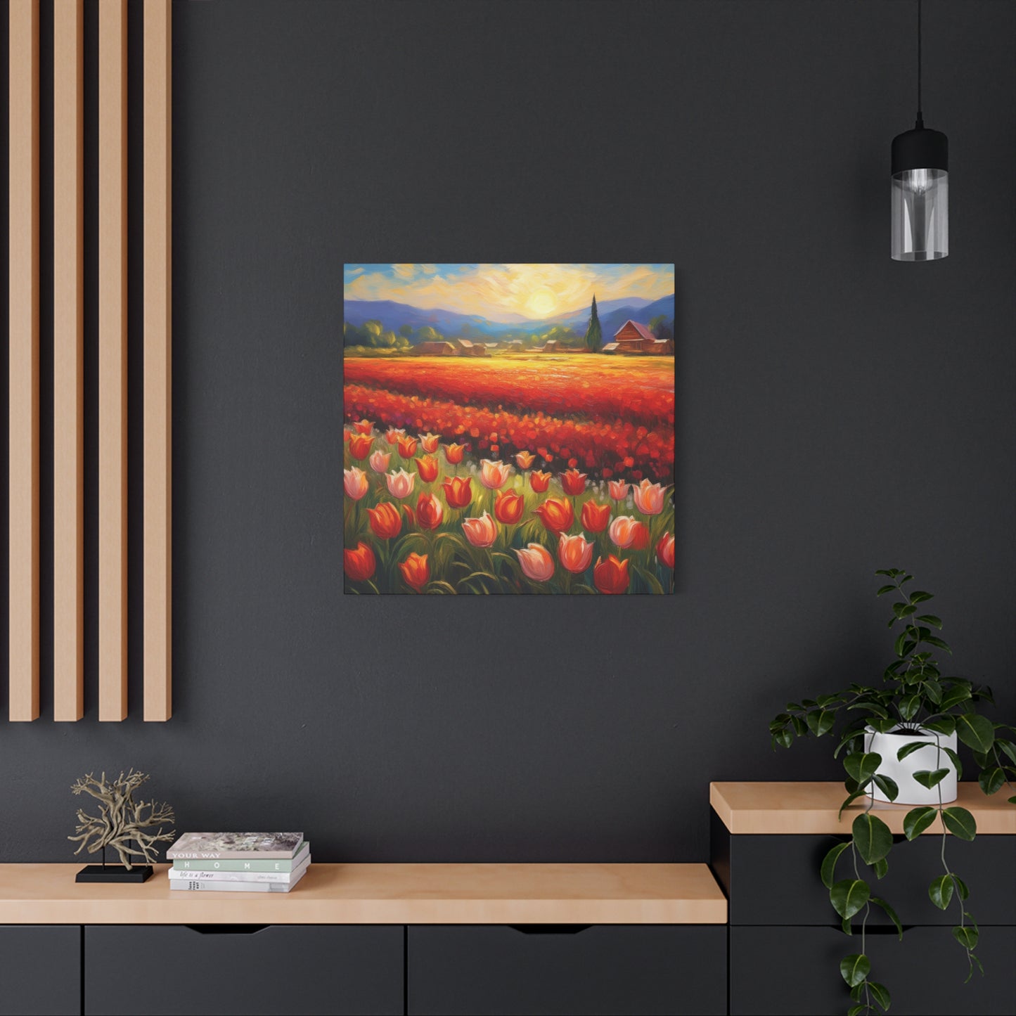 Tulips Fields Print Canvas, Floral Oil Paint Print 20x20, 24x24, 30x30, 32x32, 36x36 Art Design Pine-Wood Inner Frame MC-148