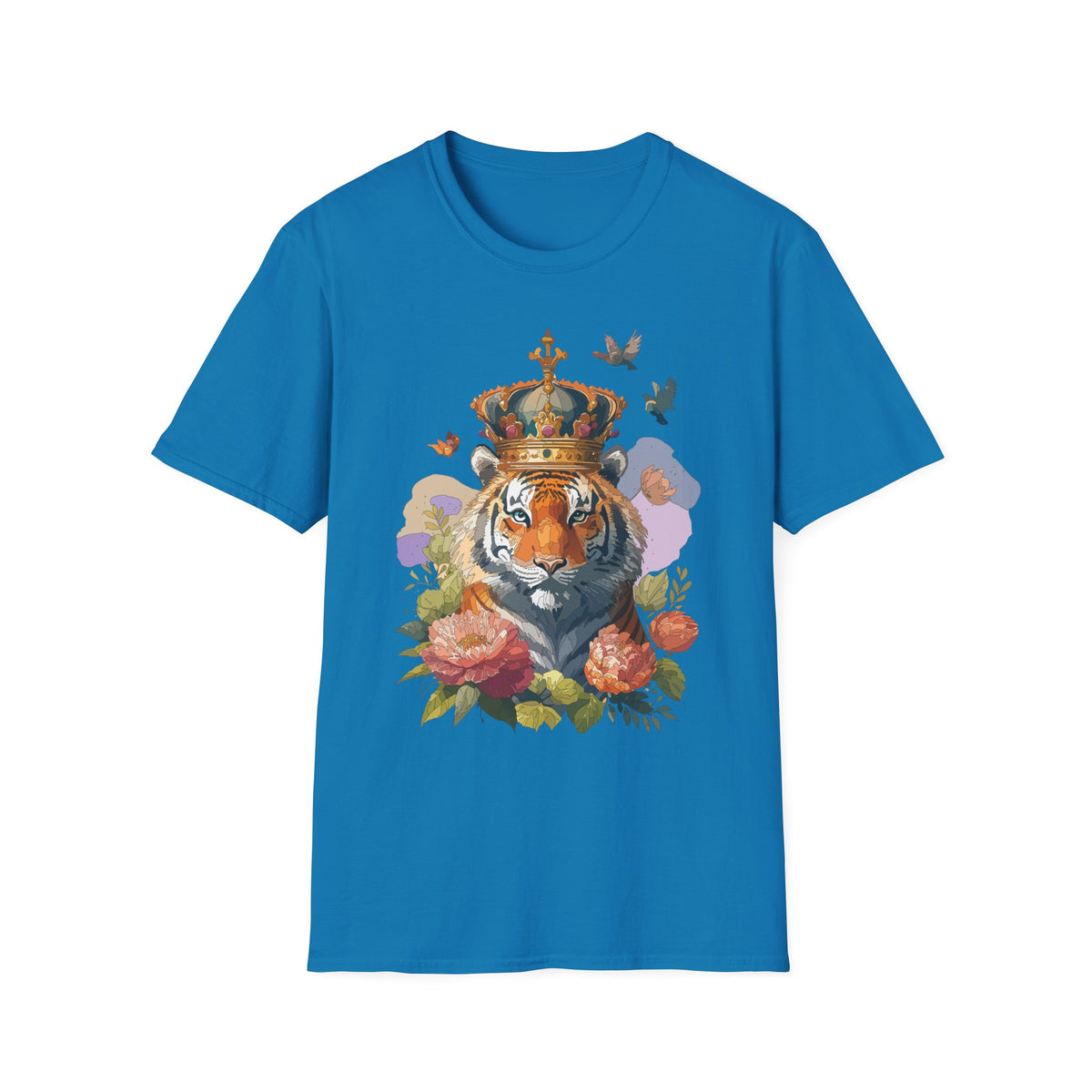 Crowned Tiger Illustration T-Shirt | Floral, Birds, Regal Wildlife Art - Unisex 100 Cotton Gildan 64000