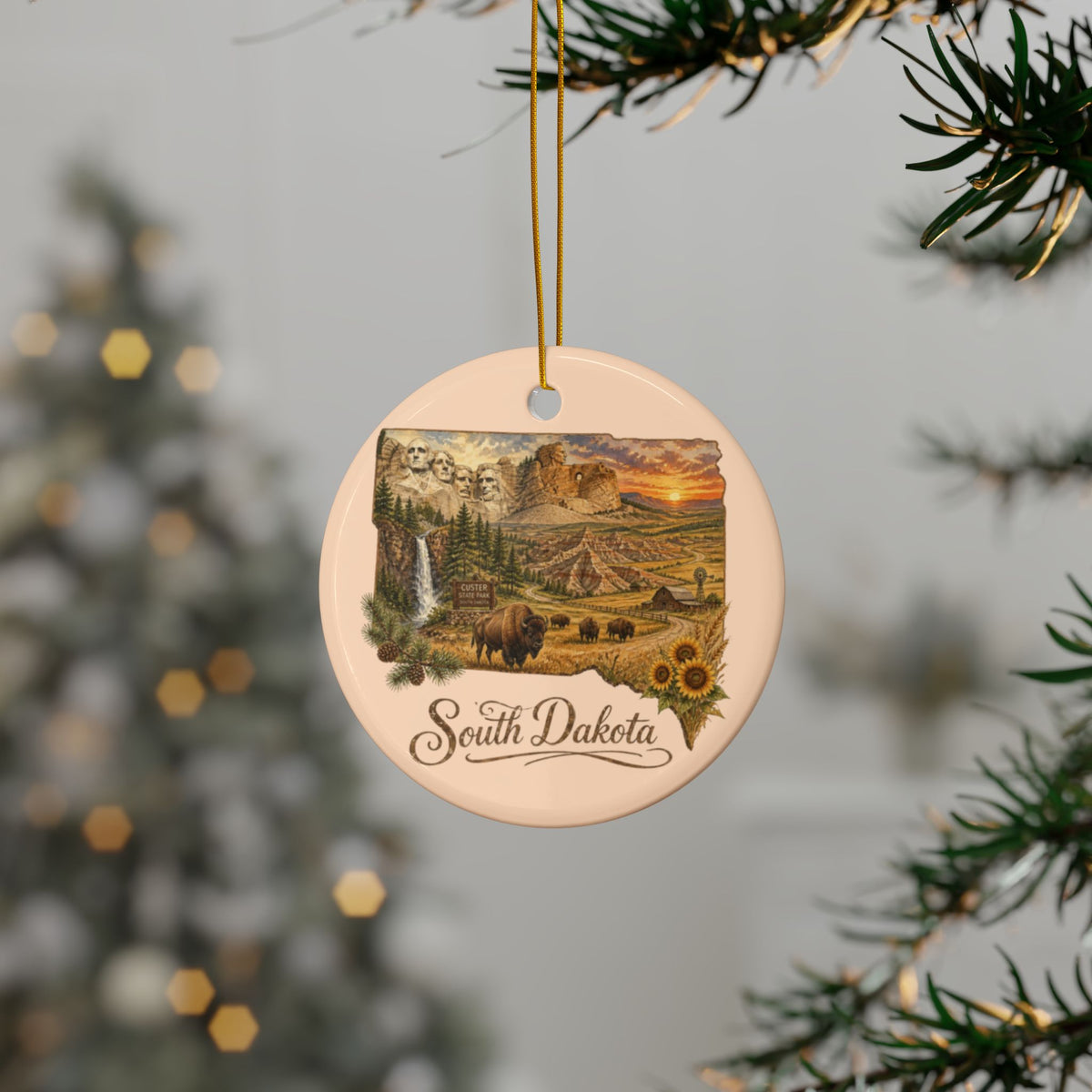 South Dakota Landscape Ceramic Ornament | State Scene Round Ornament - 2.99" Includes Gold String