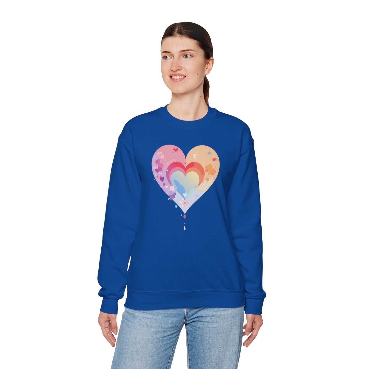 Rainbow Heart Floral Sweatshirt Unisex Valentines Day Gift Cozy Crewneck Sweatshirt