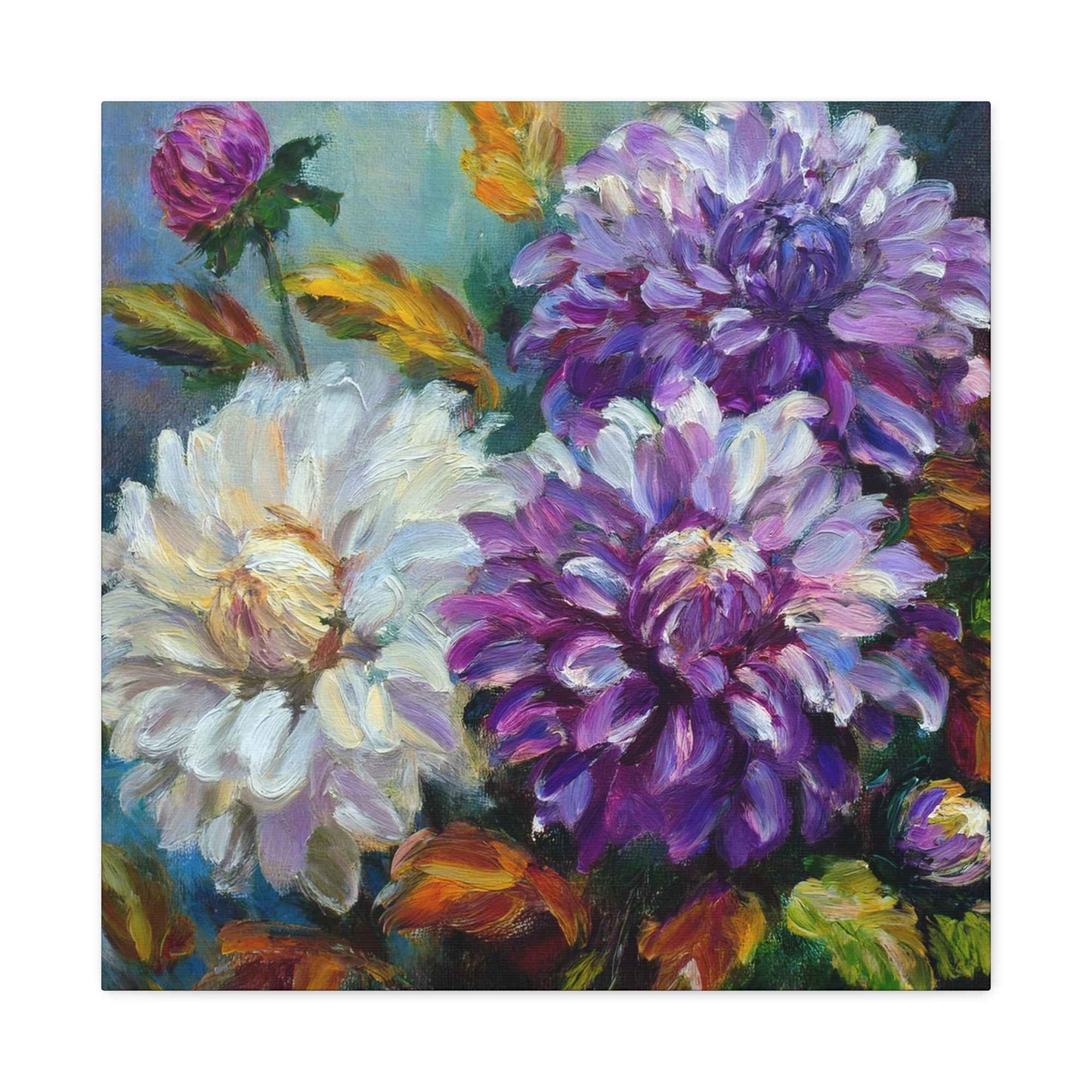 Dahlias Floral Print Canvas, Floral Oil Paint Print 20x20, 24x24, 30x30, 32x32, 36x36 Art Design Pine-Wood Inner Frame MC-173