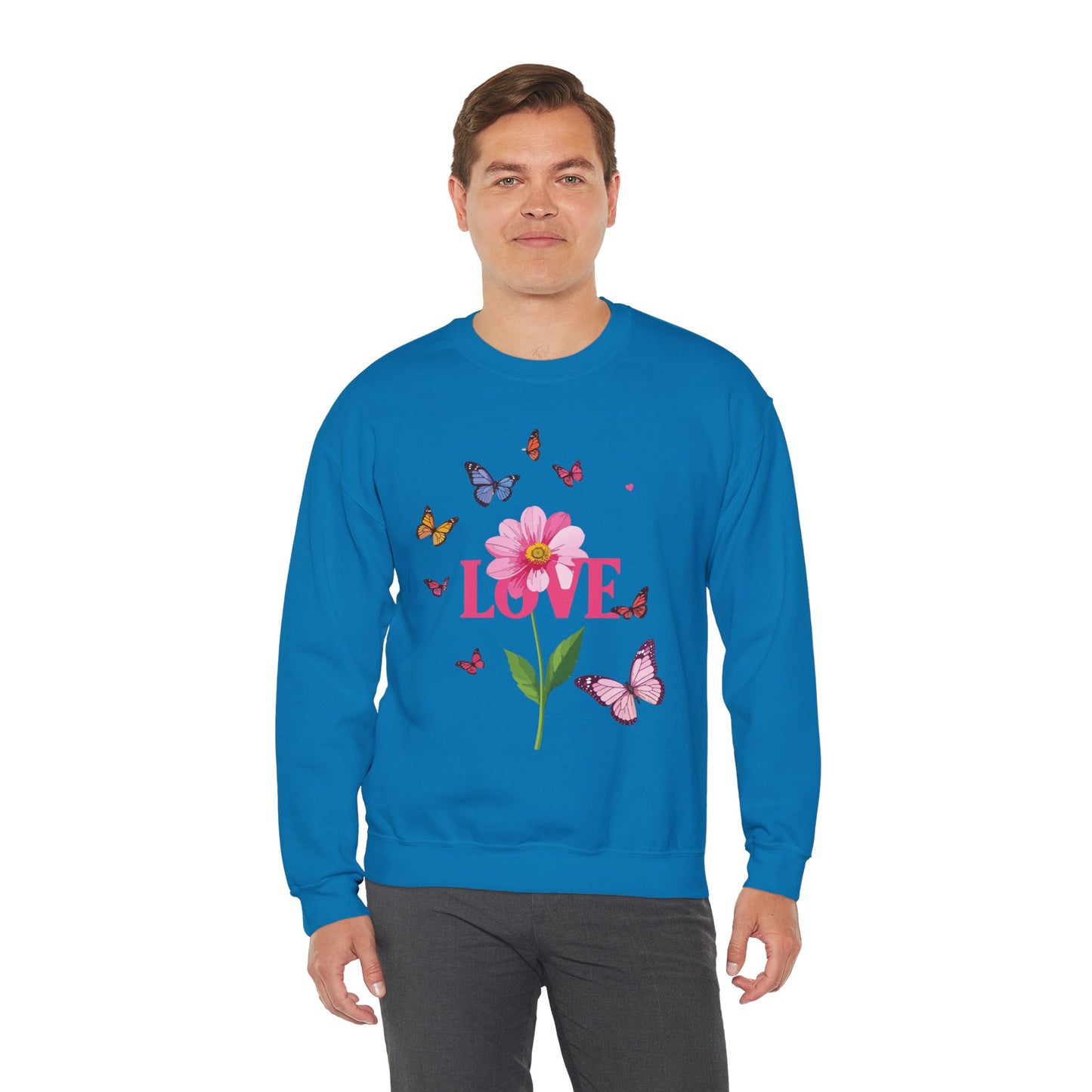 Unisex Floral Love Sweatshirt, Love Floral Sweatshirt, Floral Butterfly Sweatshirt, 50/50 Cotton-Poly Valentine's Day Sweatshirt 01