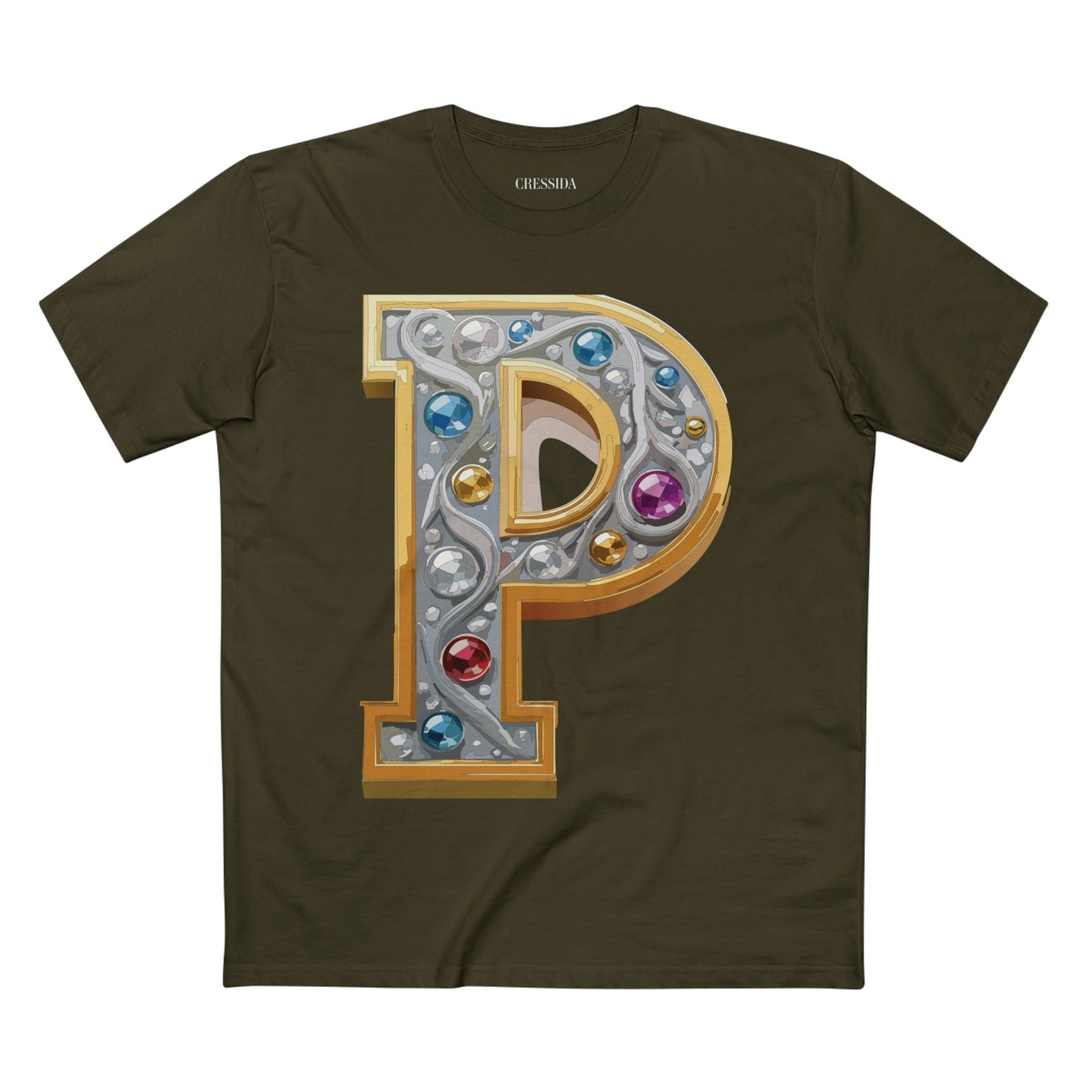 Letter P Graphic Design Tee Unisex 100 Cotton With Antique Gold Letters Artwork T-Shirt