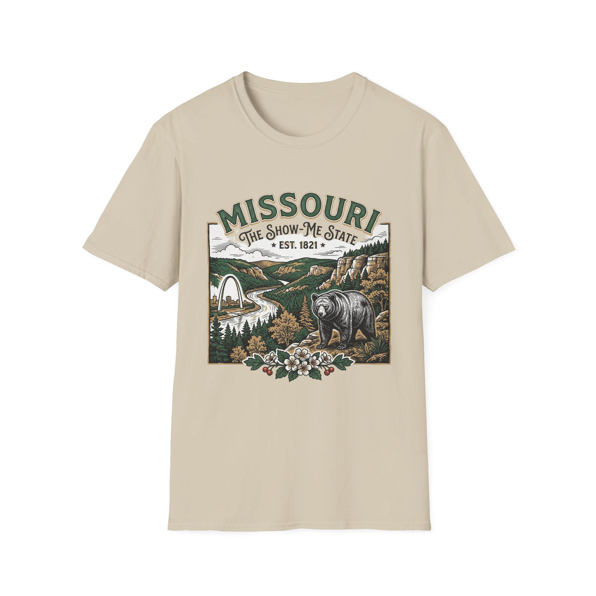 Missouri Vintage State Pride T-Shirt — State Scenic Bear Design Travel Tourist Graphic Design Unisex 100 Cotton Gildan T-Shirt