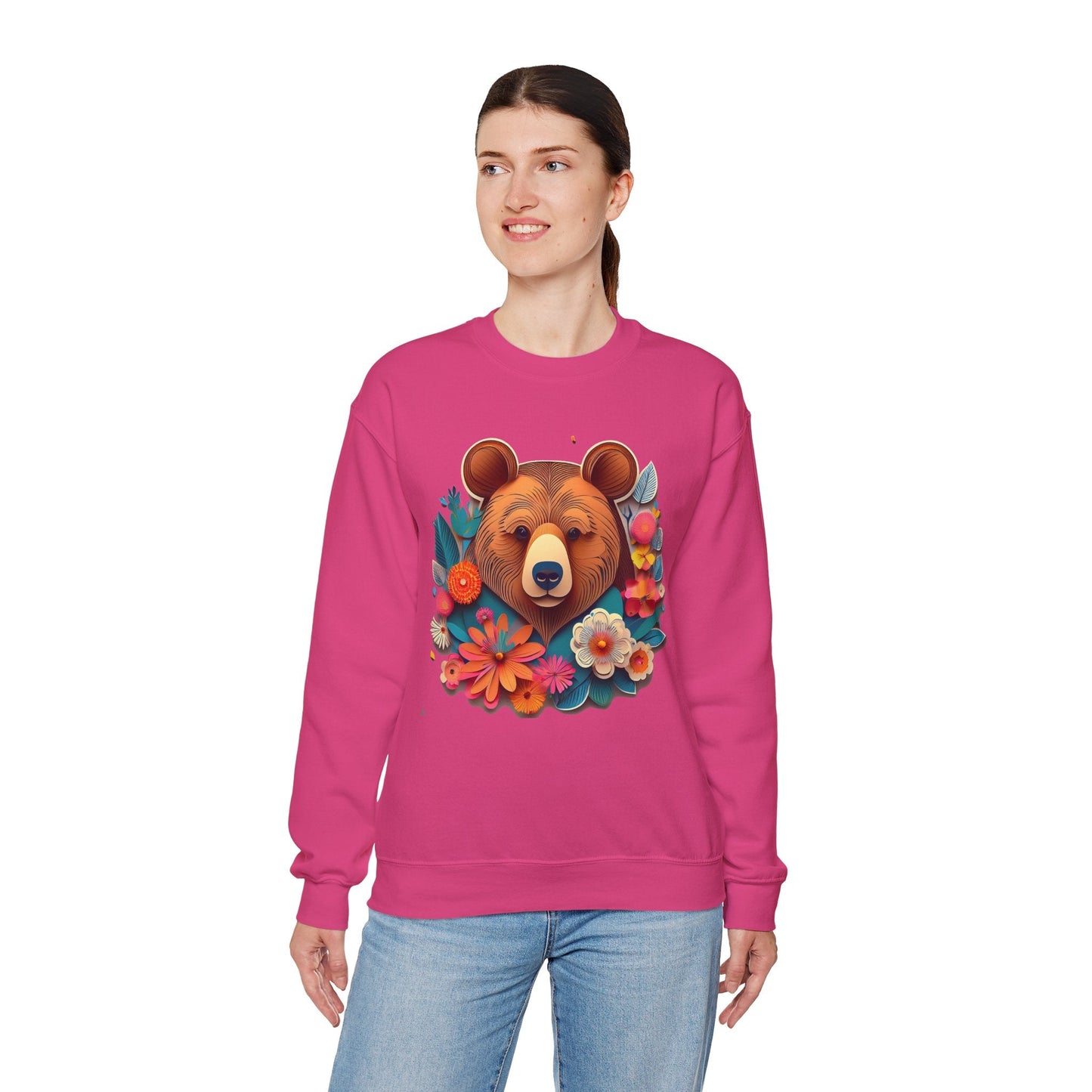 Unisex Floral Bear Sweatshirt Art Design Gildan 18000 Heavy Blend Crewneck