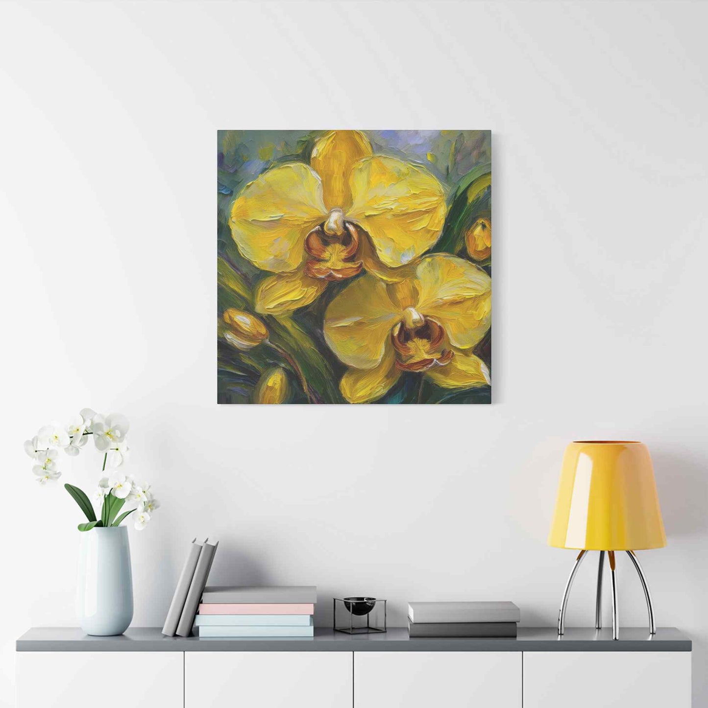Yellow Orchids Print Canvas, Floral Oil Paint Print 20x20, 24x24, 30x30, 32x32, 36x36 Art Design Pine-Wood Inner Frame MC-140