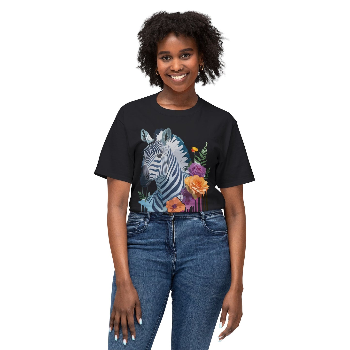Unisex Zebra T Shirt With Floral Art Print Premium HD Cotton Jersey Tee Made In USA