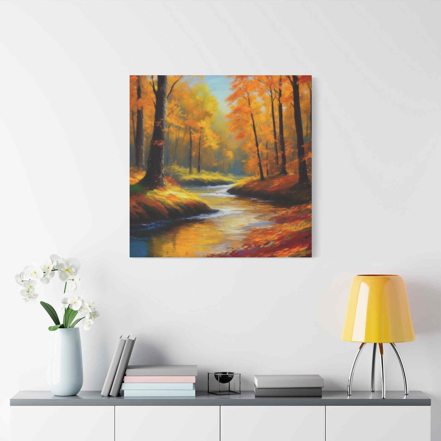 Fall Forest Print Canvas, Oil Paint Print 20x20, 24x24, 30x30, 32x32, 36x36 Art Design Print Pine-Wood Inner Frame MC-99