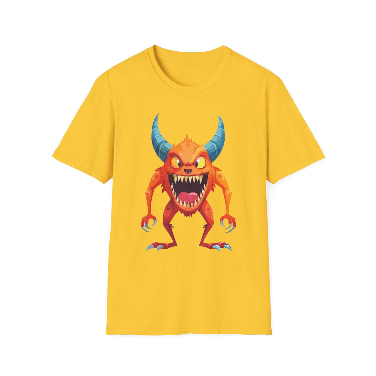Orange Horned Monster T-Shirt — Cute Scary Cartoon Tee for Kids & Halloween Cartoon Graphic Tee Unisex 100 Cotton Gildan T-Shirt