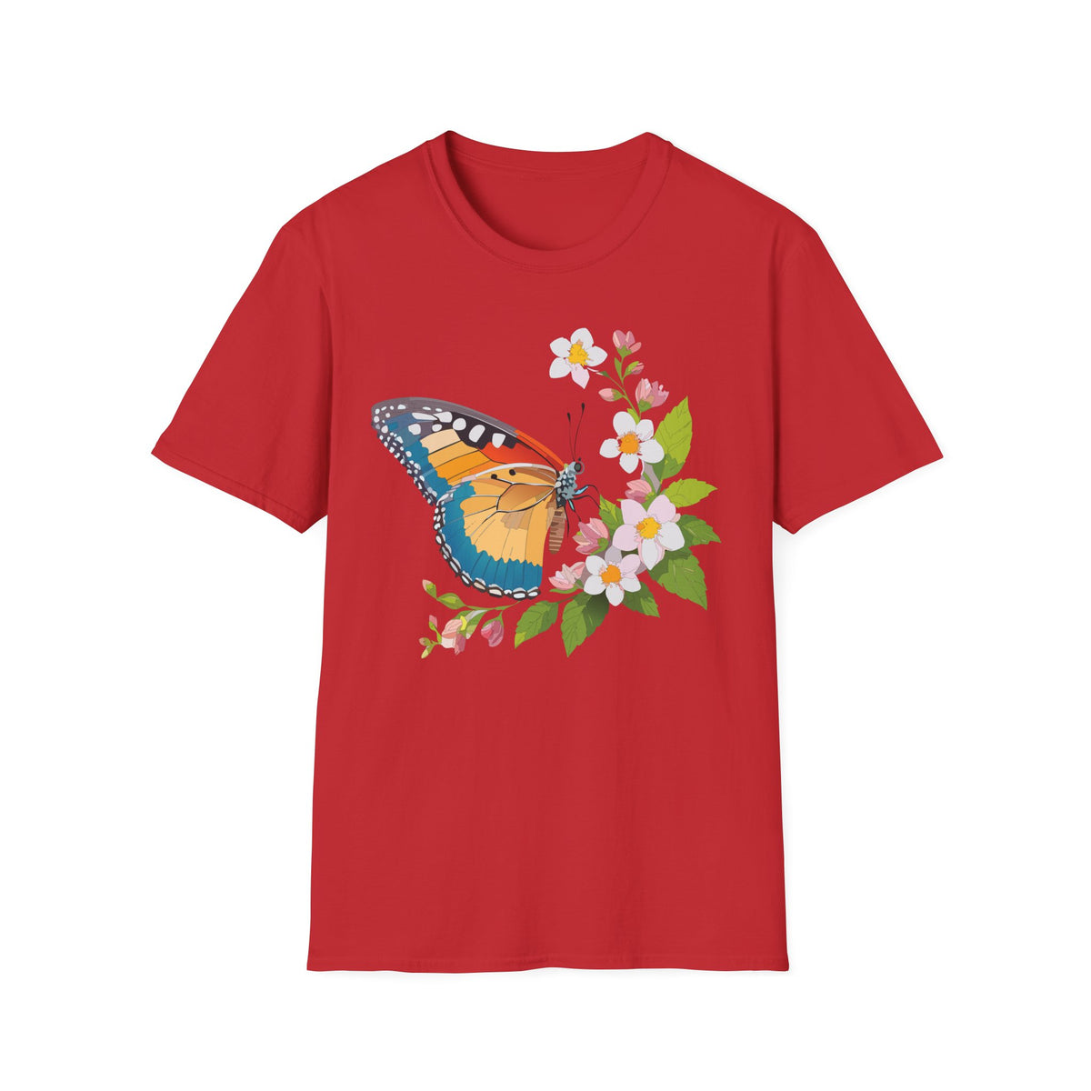 Butterfly Floral T-Shirt — Colorful Monarch with Blossoms Graphic Design Unisex 100 Cotton Gildan T-Shirt