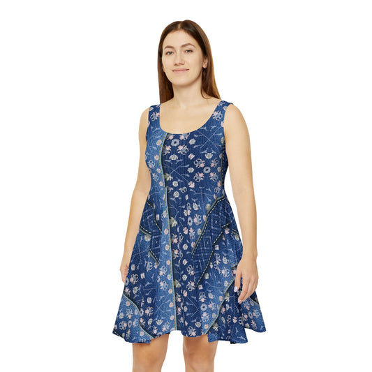 Women Denim Print Skater Dress, Denim Print Poly-Span Dress - 33