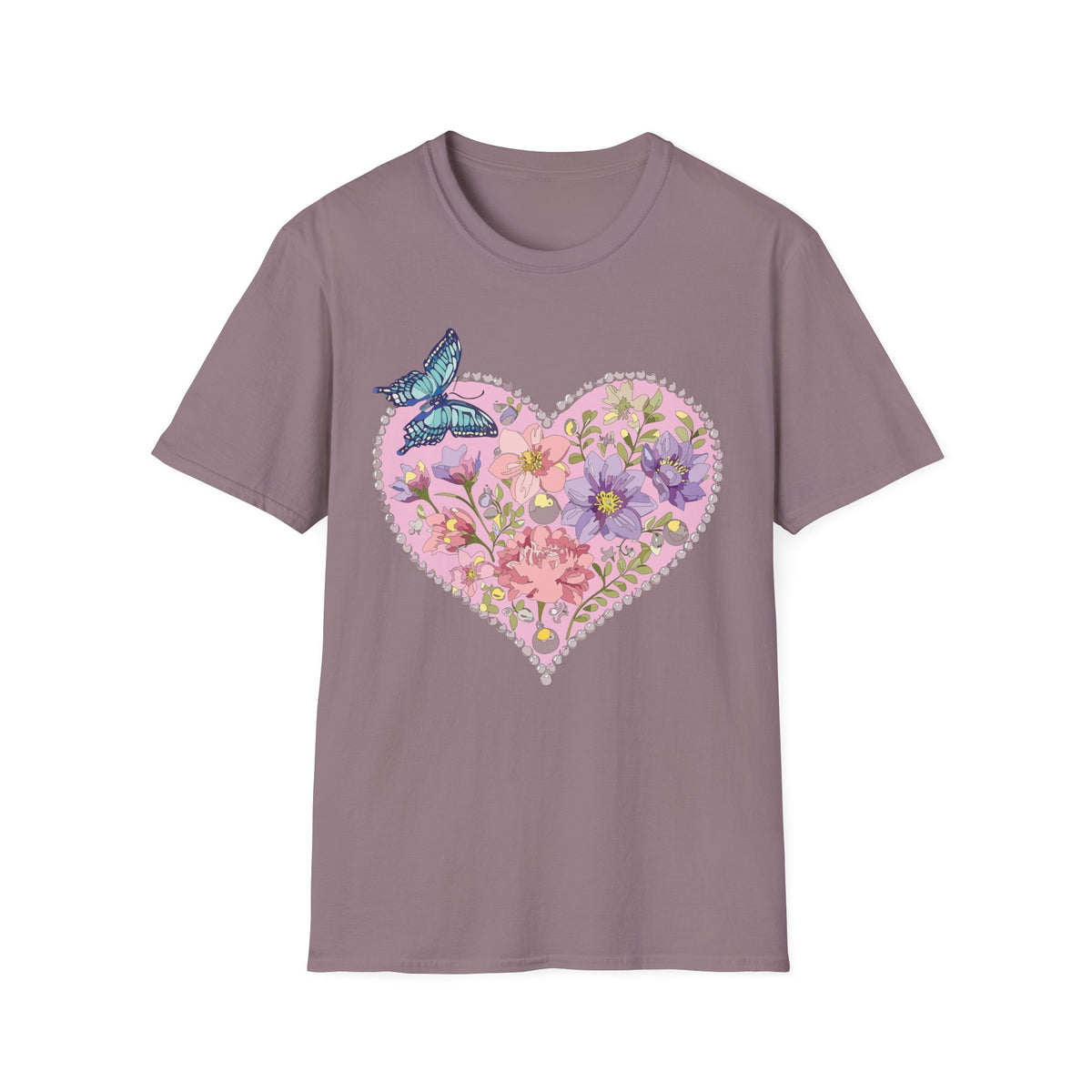 Floral Heart with Butterfly T-Shirt | Botanical Heart Graphic Tee Unisex 100 Cotton Gildan T-Shirt