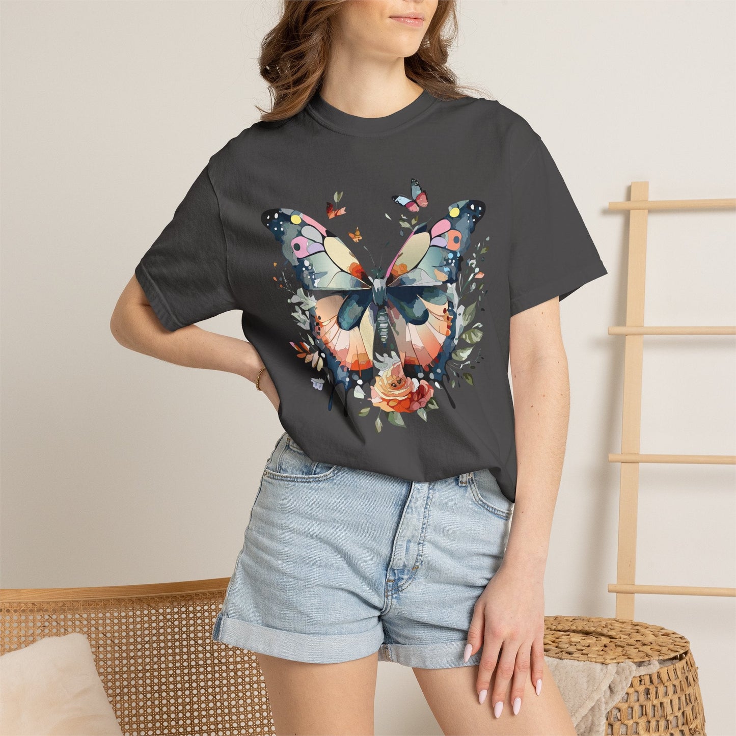 Butterfly Floral Print T-Shirt Botanical Design Unisex Heavy Cotton Tee b3