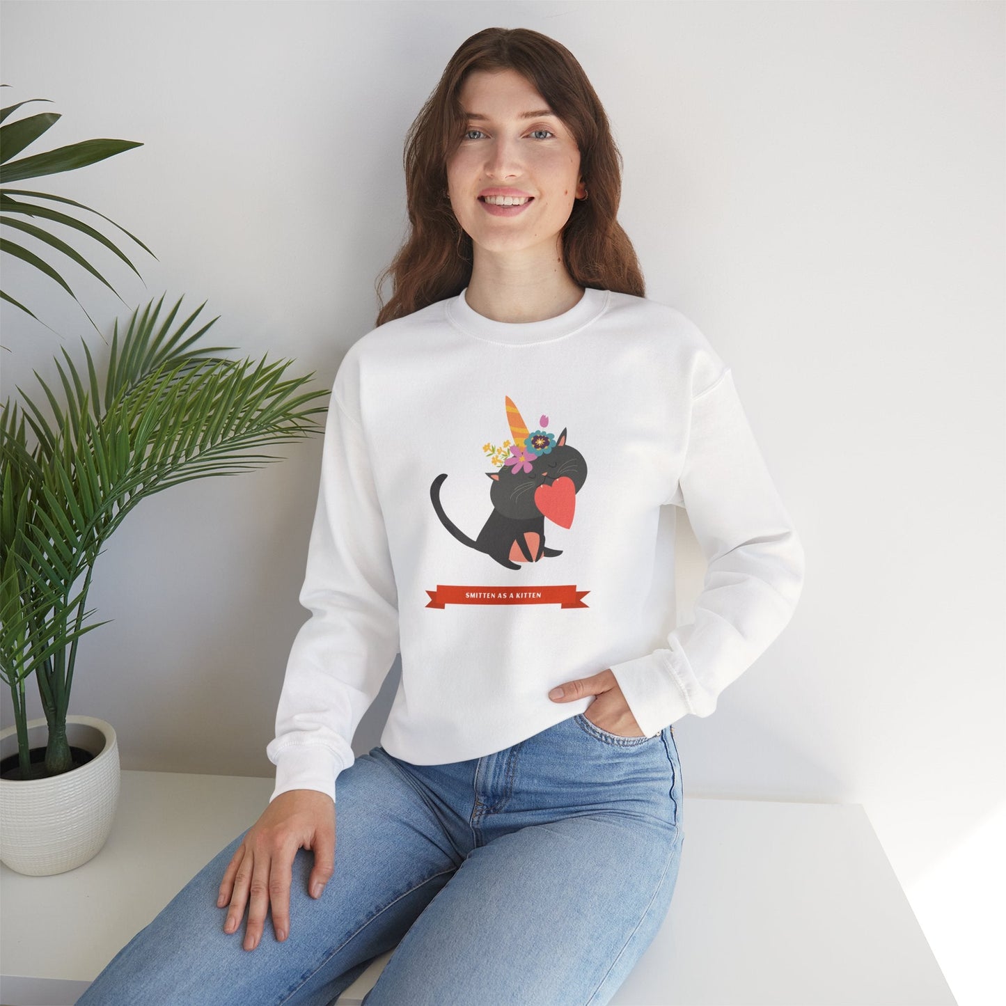 Cat Heart Sweatshirt Unisex Valentine Gift 50/50 Cotton-Poly Crewneck Gildan 18000