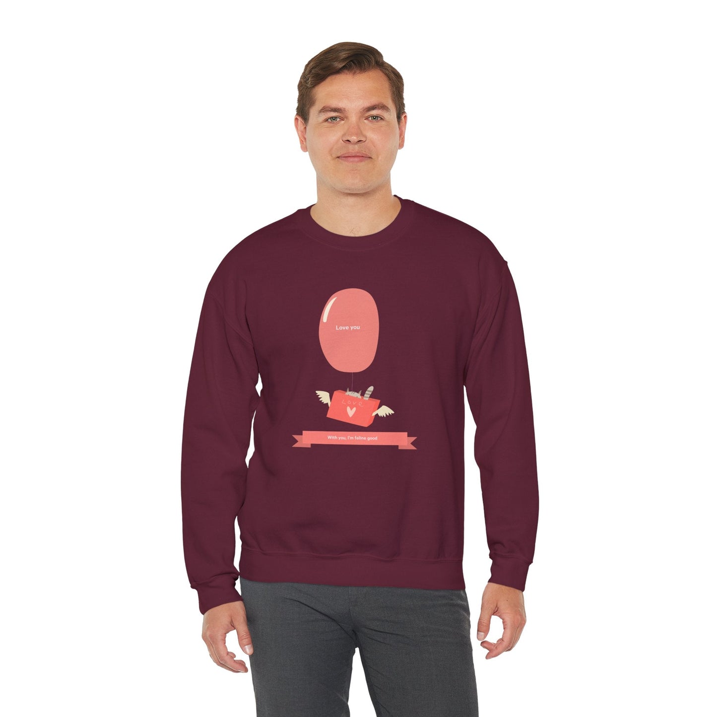 Cat Love Balloon Sweatshirt Unisex Fifty Fifty Cotton Poly Valentine Heavy Blend Crewneck Sweatshirt