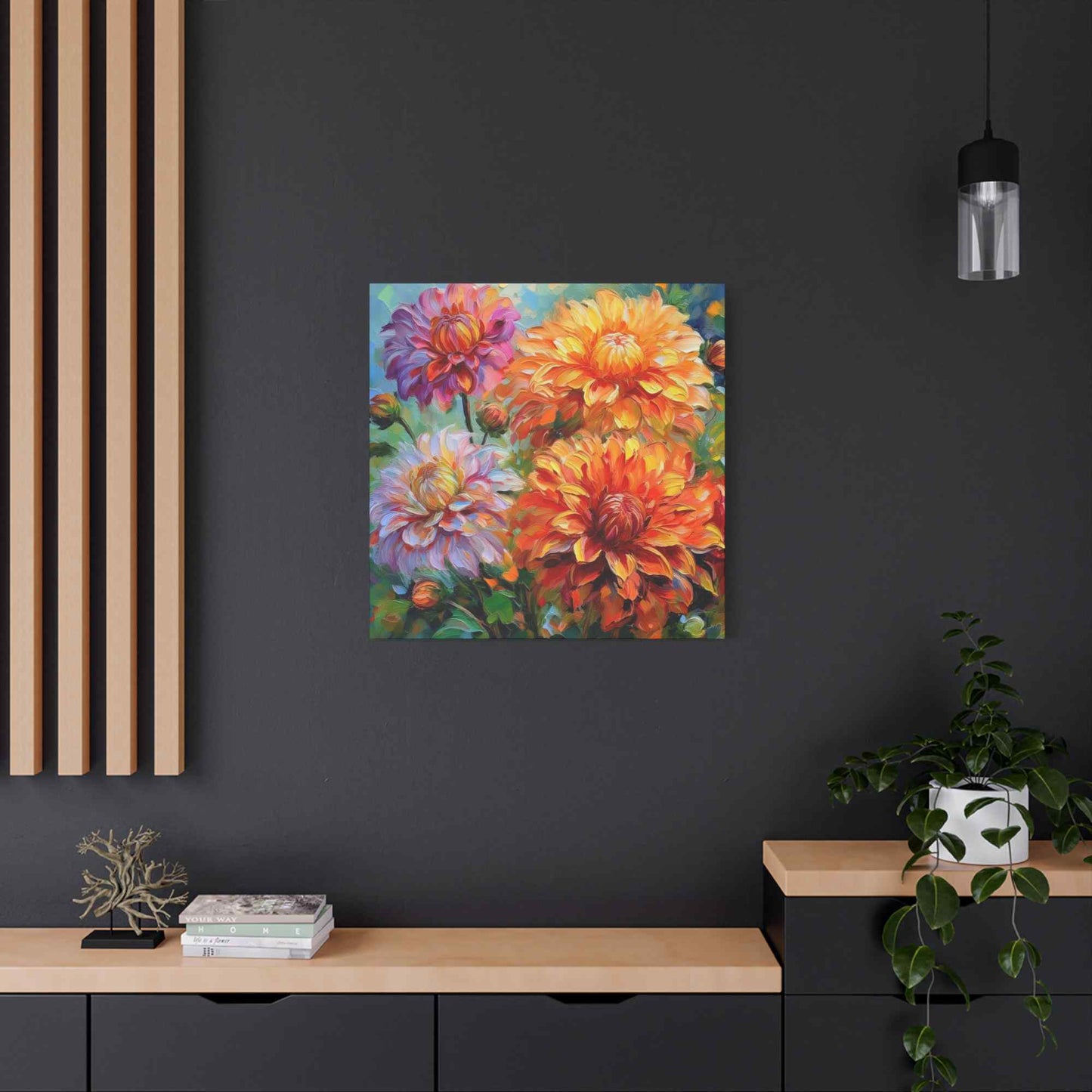 Dahlias Floral Print Canvas, Floral Oil Paint Print 20x20, 24x24, 30x30, 32x32, 36x36 Art Design Pine-Wood Inner Frame MC-166