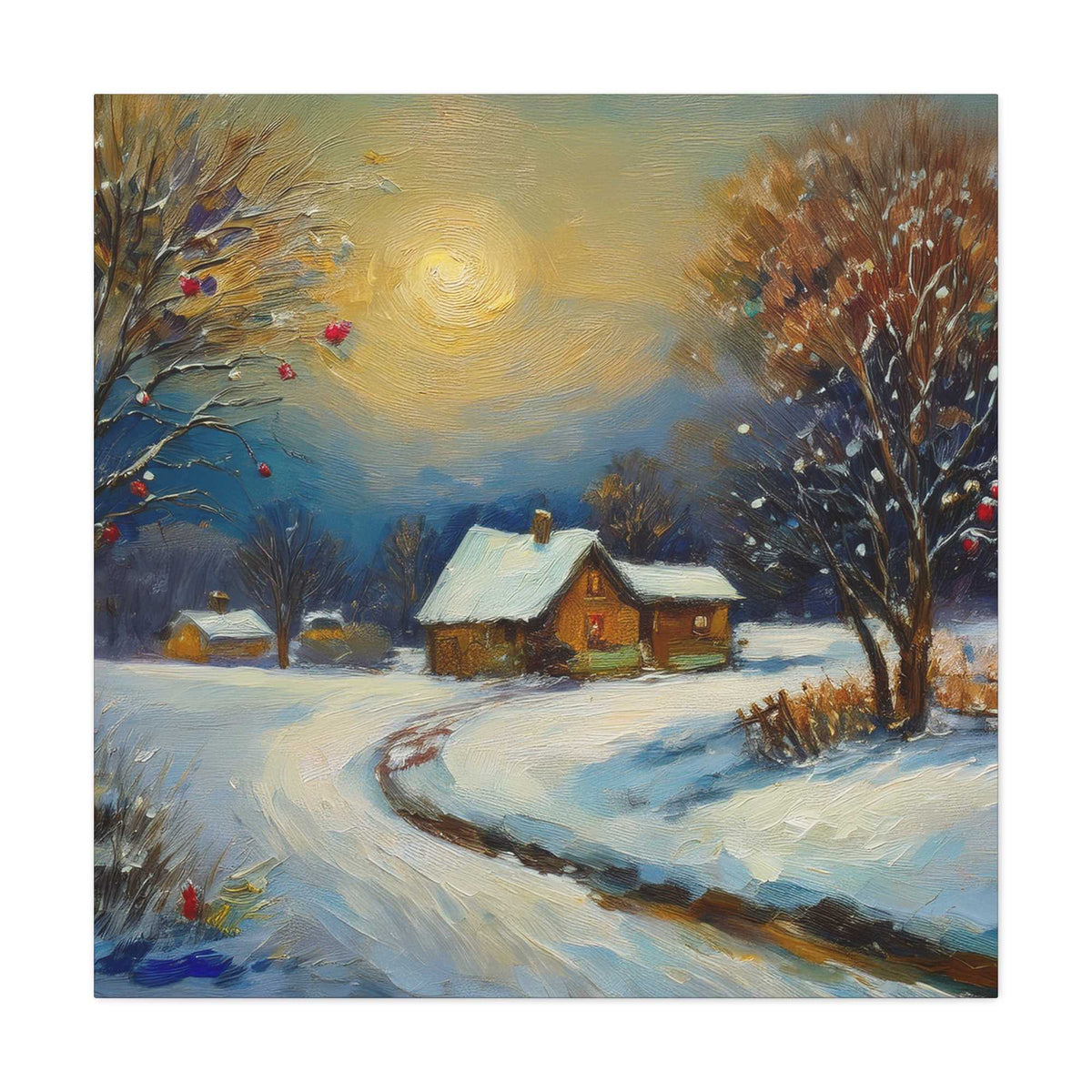 Countryside Winter Print Canvas, Oil Paint Print 20x20, 24x24, 30x30, 32x32, 36x36 Art Design Pine-Wood Inner Frame MC-112