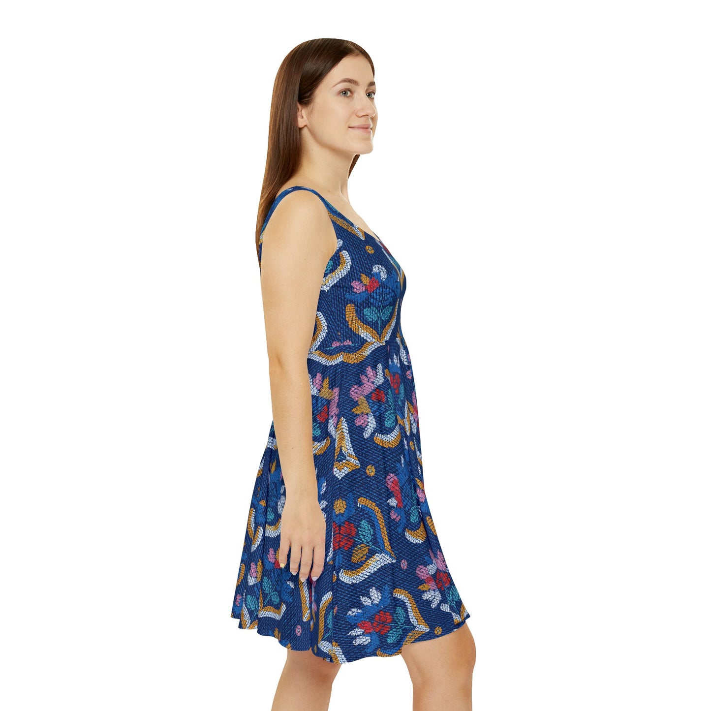 Women Denim Print Skater Dress, Denim Print Poly-Span Dress - 36