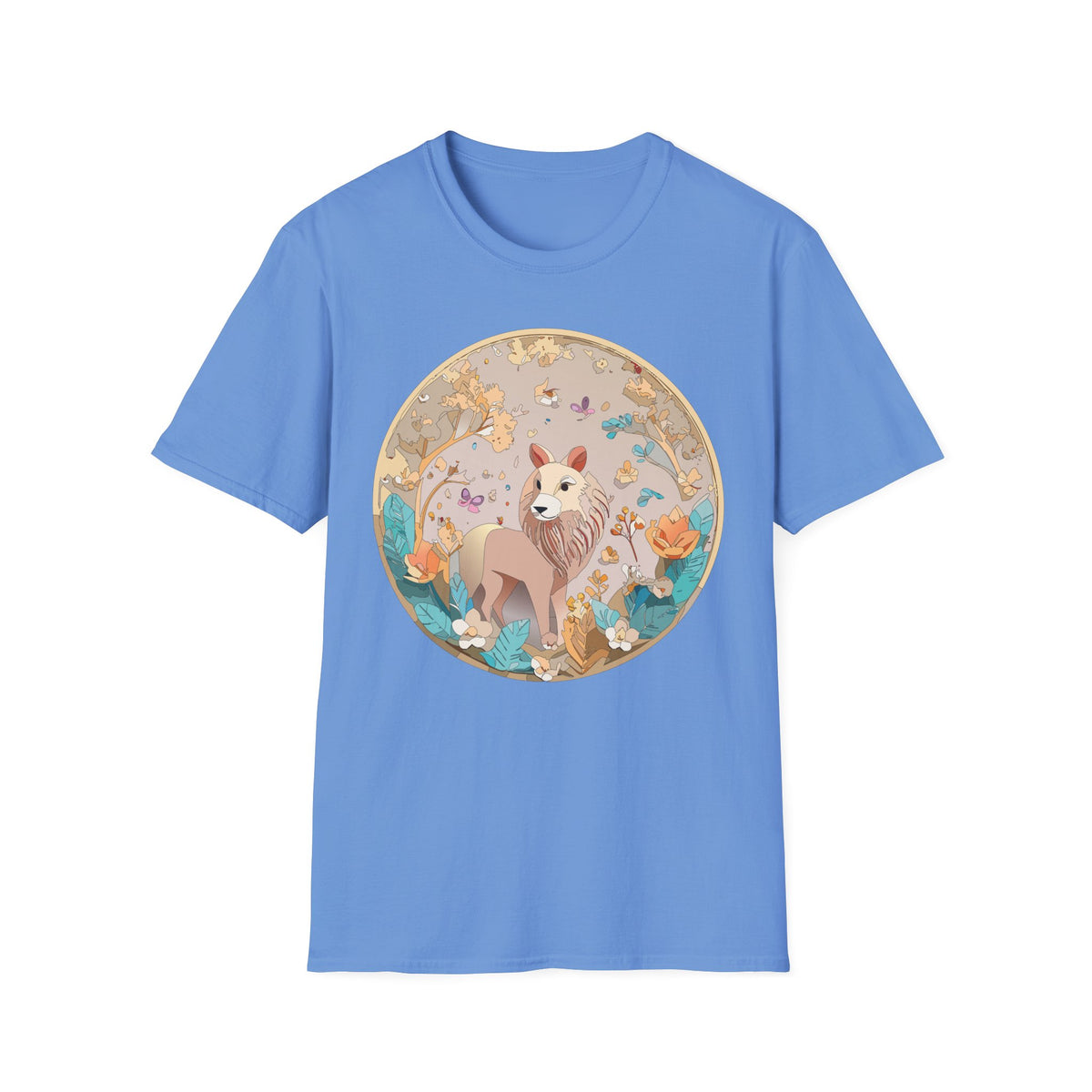 Whimsical Lion Garden Illustration T-Shirt | Floral Circle Art