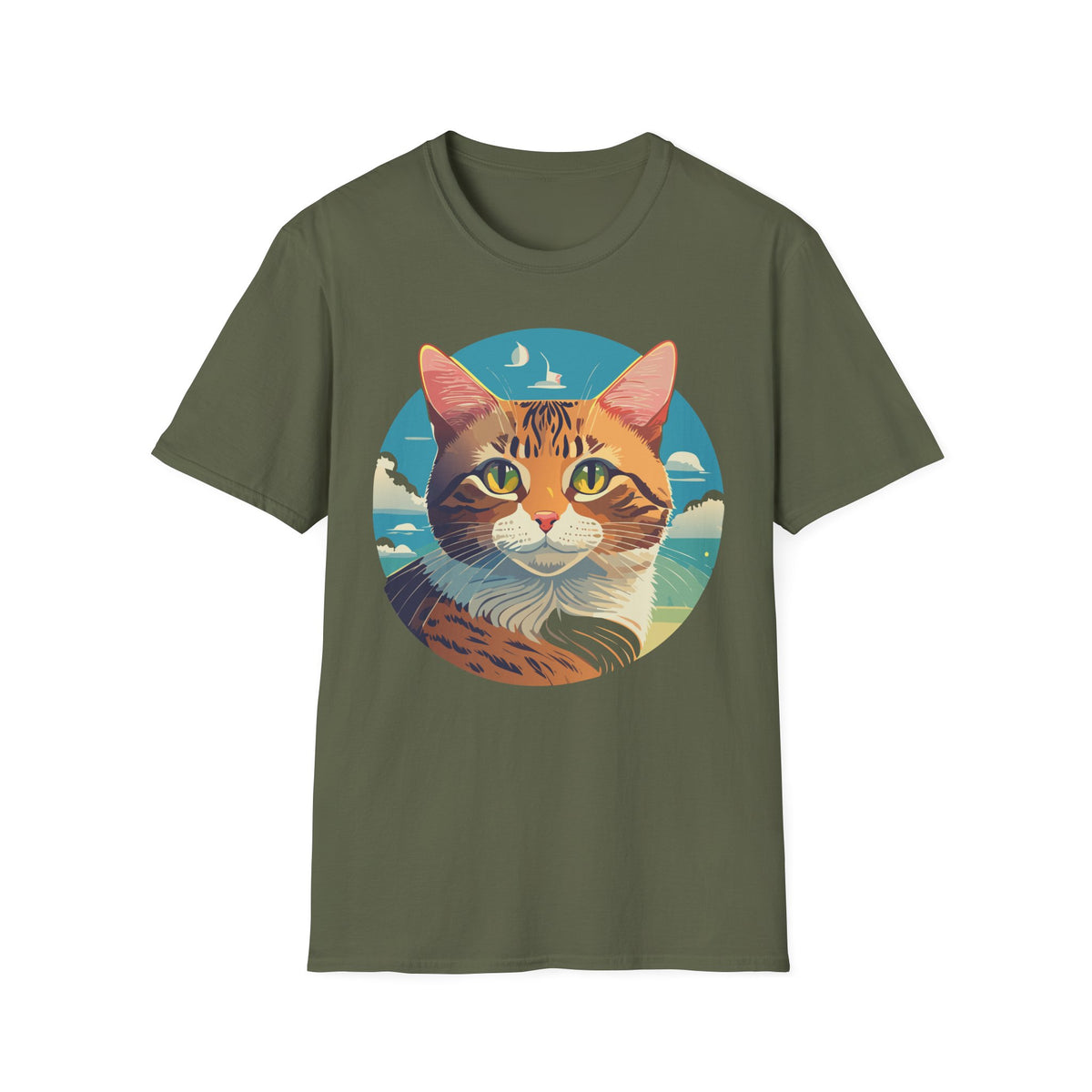 Sunset Tabby Cat T-Shirt | Cat Portrait Tee, Beach Sky Illustration
