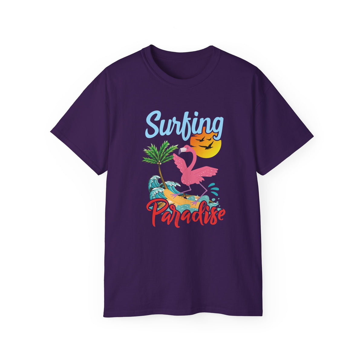 Surfing Paradise Flamingo Tee | Tropical Palm Sunset Surfboard