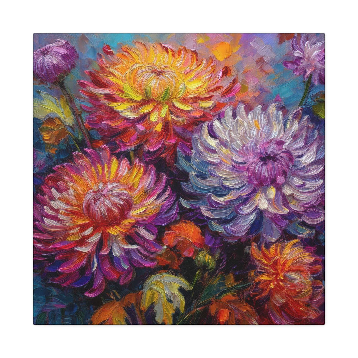 Chrysanthemums Print Canvas, Floral Oil Paint Print 20x20, 24x24, 30x30, 32x32, 36x36 Art Design Pine-Wood Inner Frame MC-158