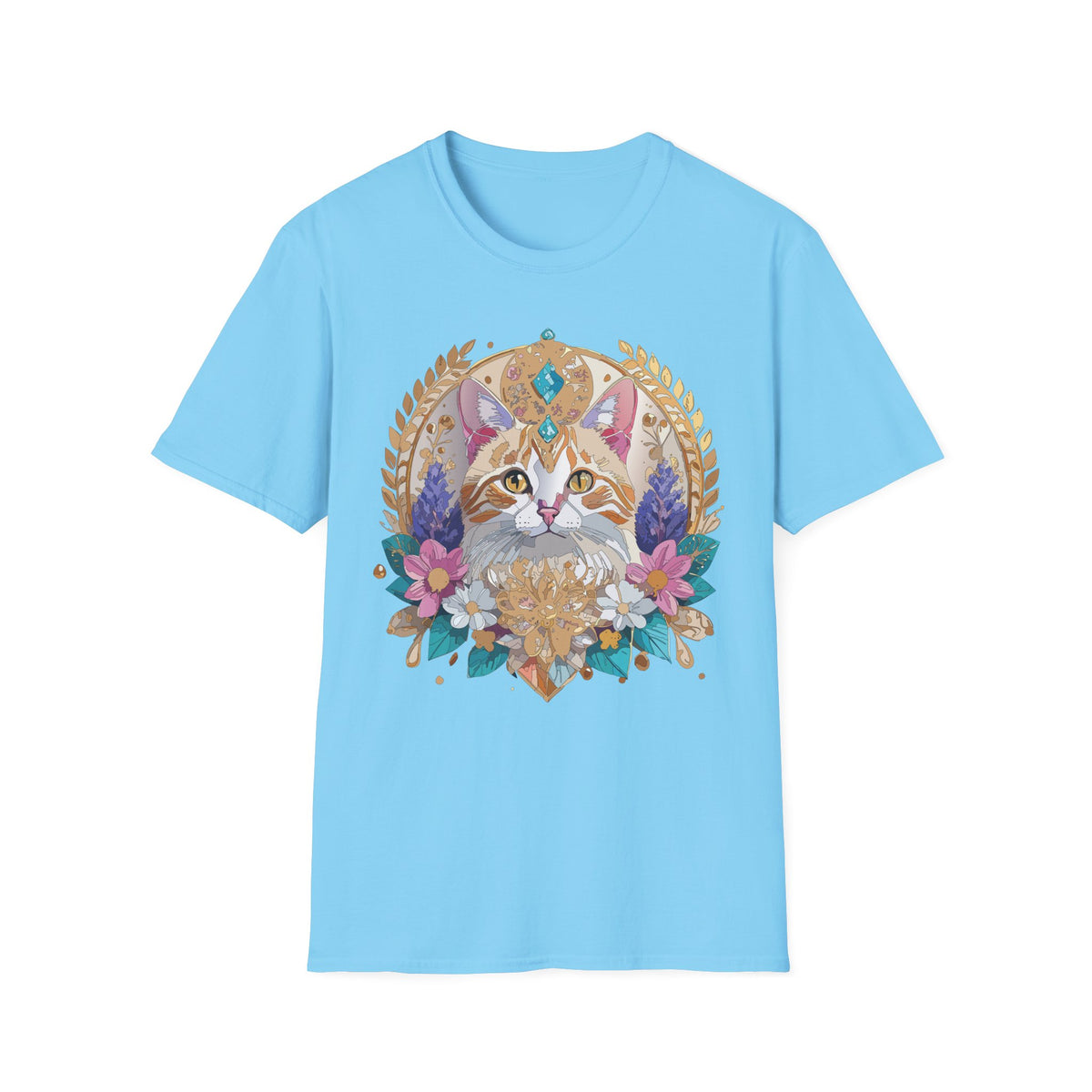 Regal Cat Mandala T-Shirt | Boho Kitty Illustration, Floral Crescent