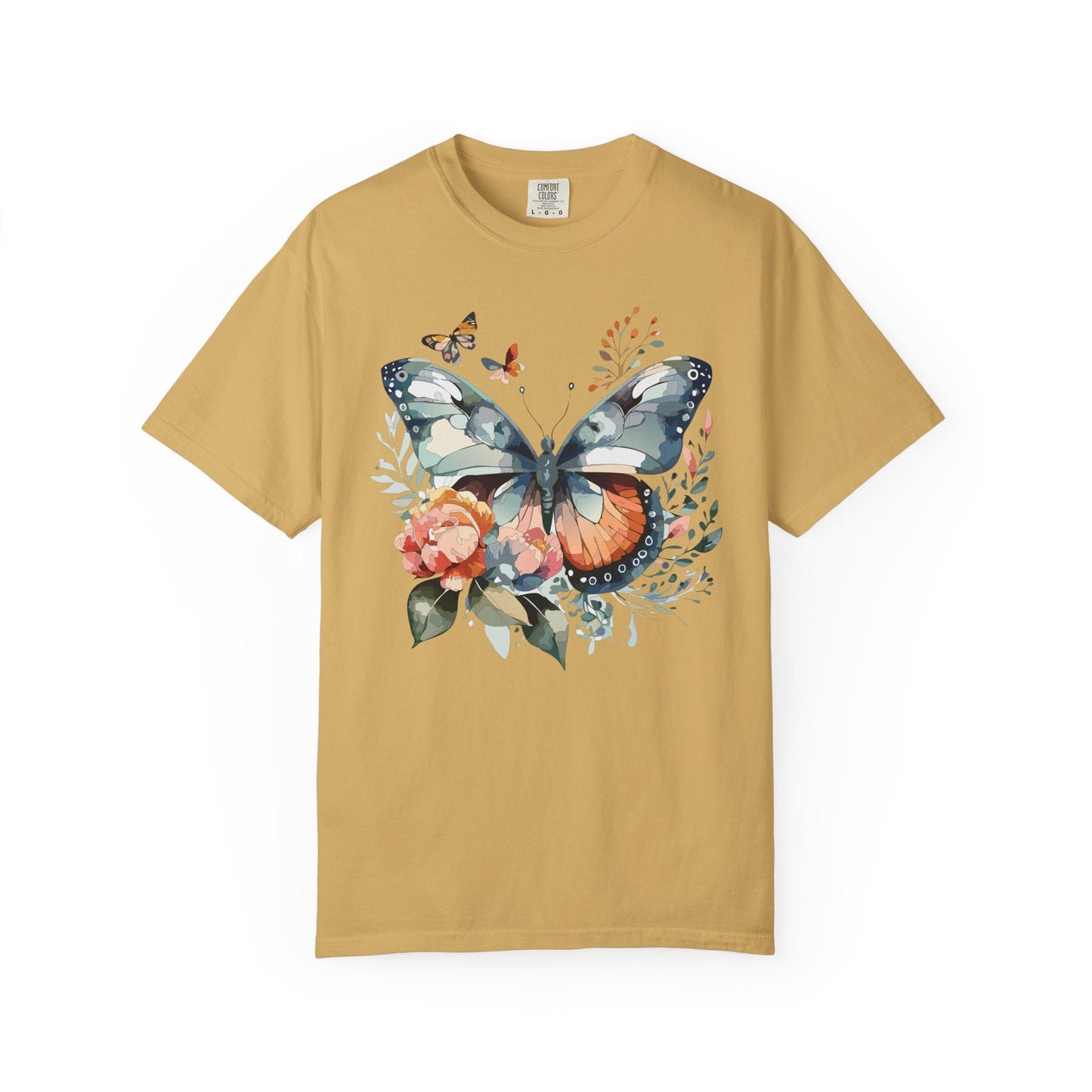 Butterfly Floral Print T-Shirt Botanical Design Unisex Heavy Cotton Tee b1