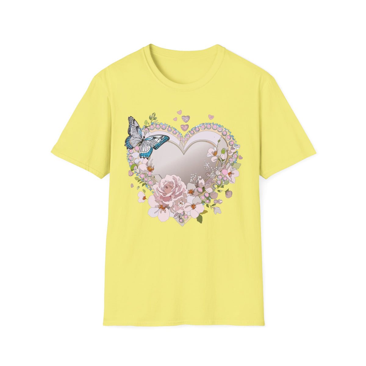 Floral Heart with Butterfly T-Shirt | Romantic Pastel Garden Graphic Tee Unisex 100 Cotton Gildan T-Shirt