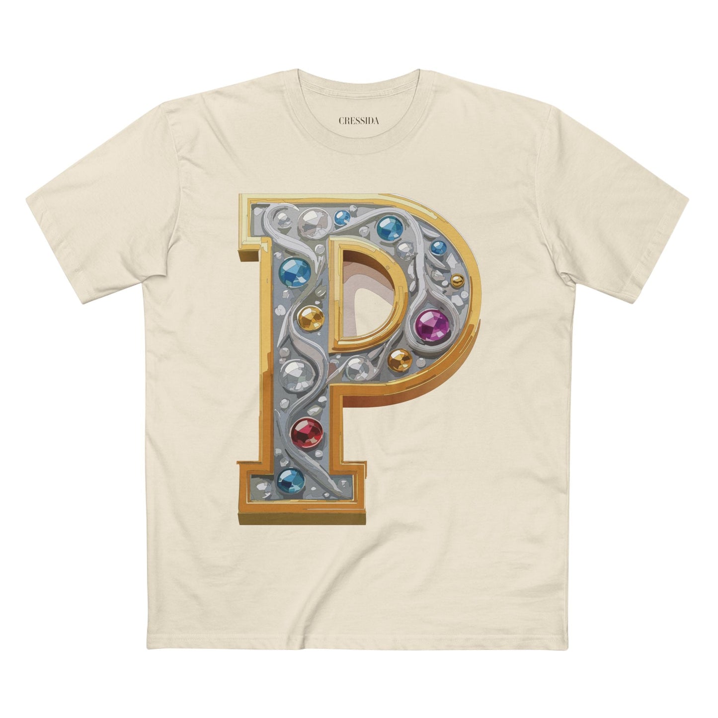 Letter P Graphic Design Tee Unisex 100 Cotton With Antique Gold Letters Artwork T-Shirt