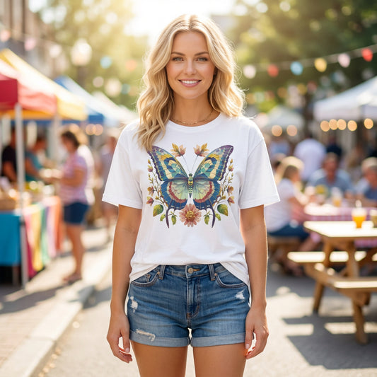 Colorful Watercolor Butterfly T-Shirt | Floral Wings Boho Nature Graphic Tee Unisex 100 Cotton Gildan T-Shirt